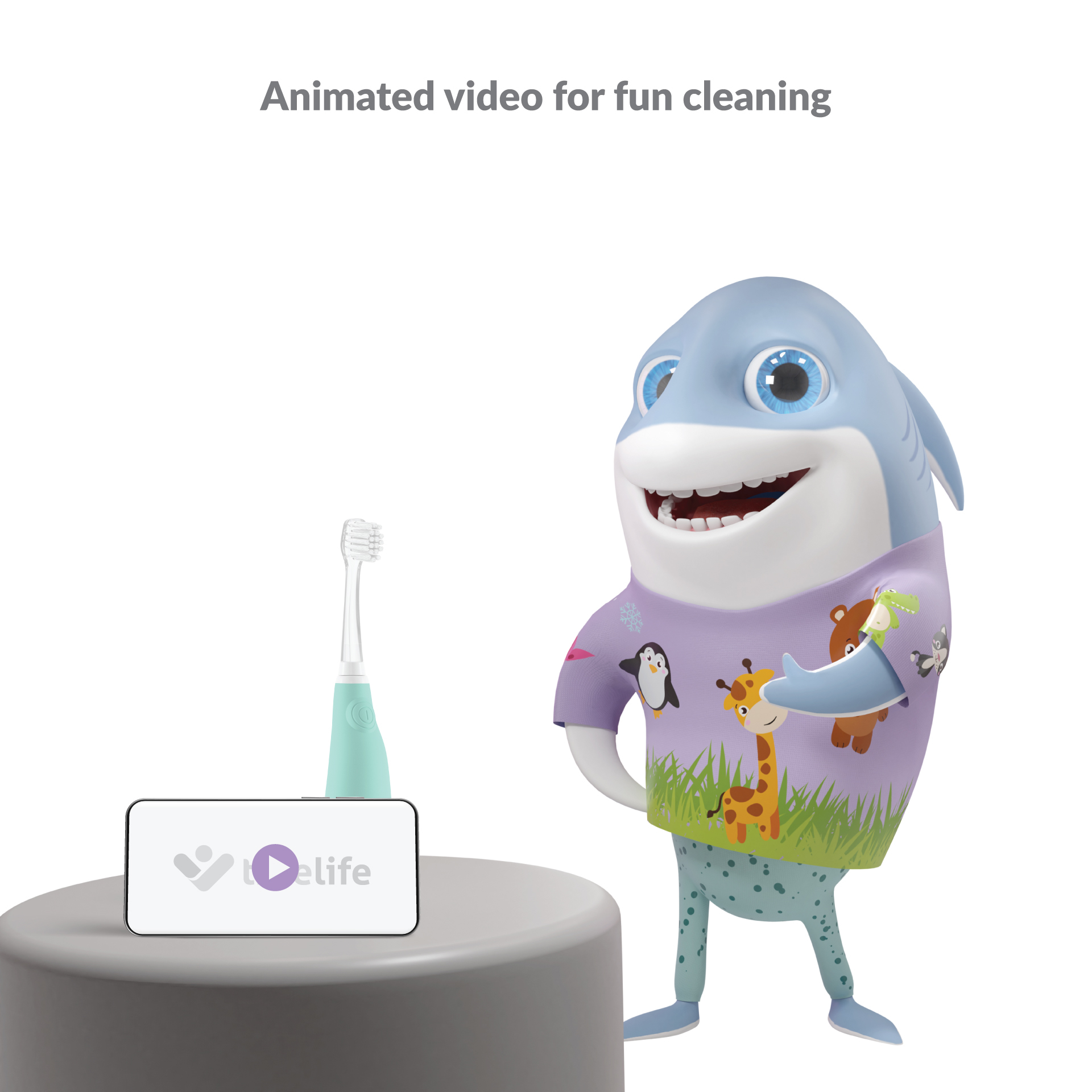 Kreskówkowy rekin ze szczoteczką do zębów i szczoteczka obok ekranu z logo.
