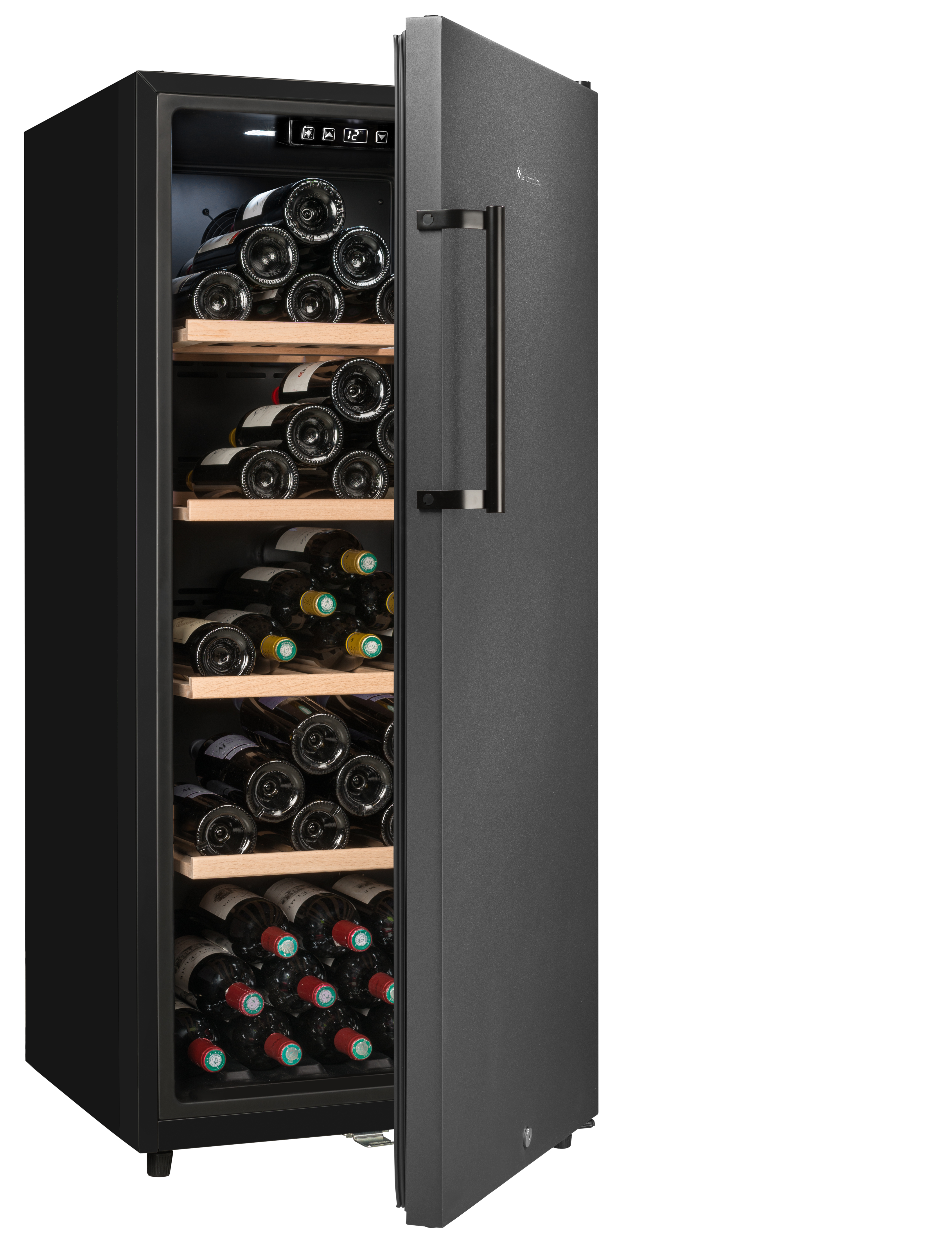 Refrigerador con botellas de vino adentro. Exterior negro, puerta abierta.