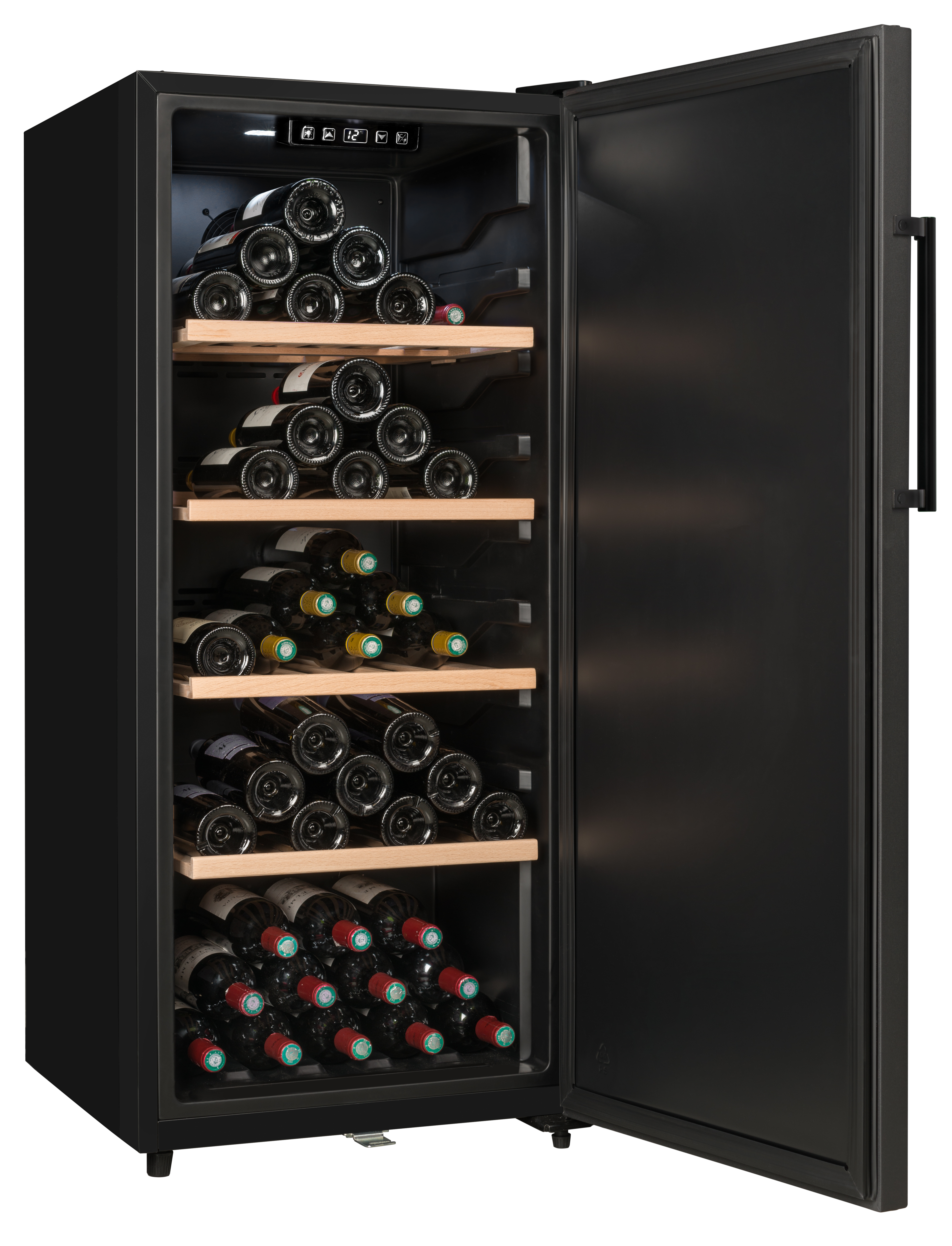 Refrigerador con botellas de vino dentro. Exterior negro, puerta abierta.