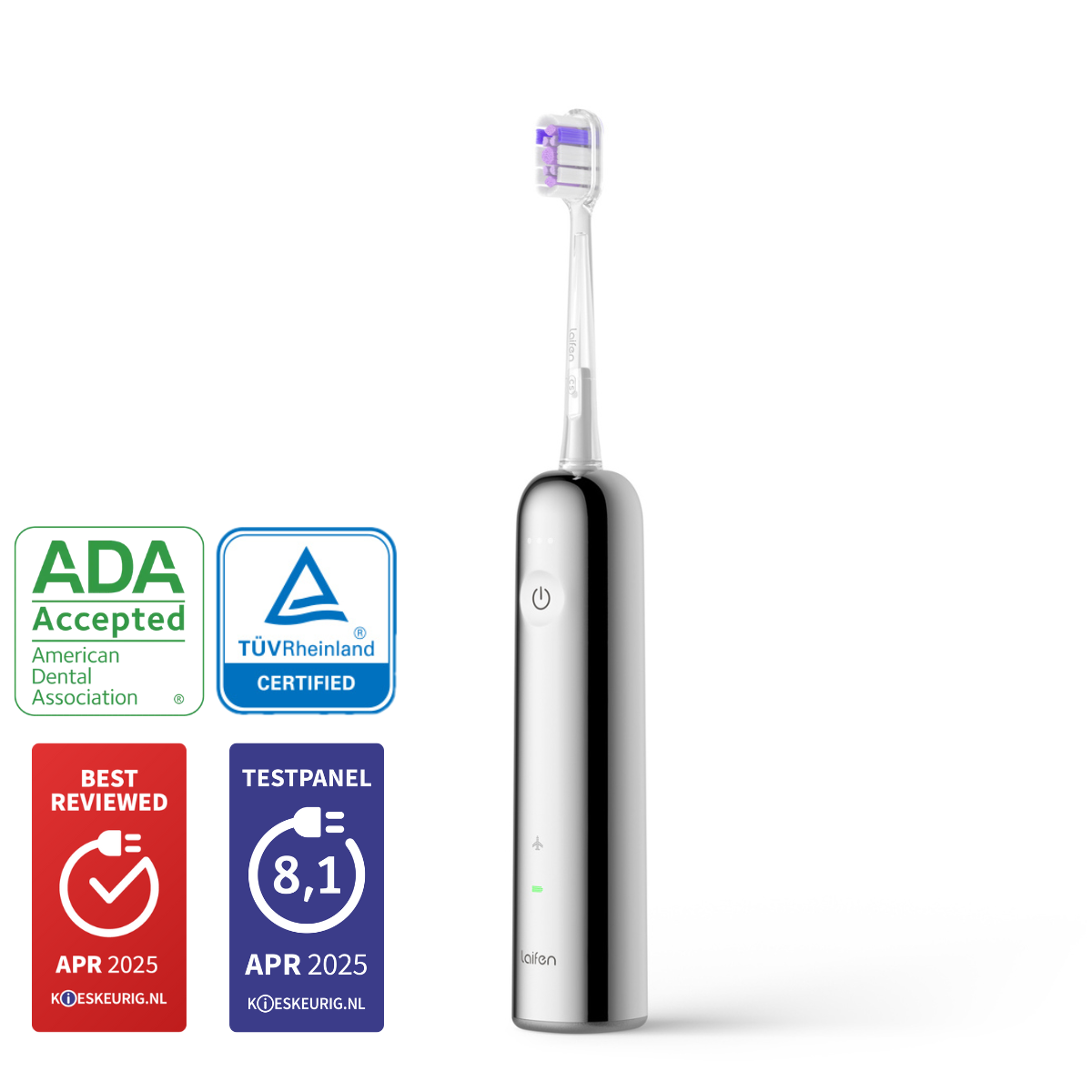 Srebrna elektryczna szczoteczka do zębów z certyfikatami i logo. Białe tło.