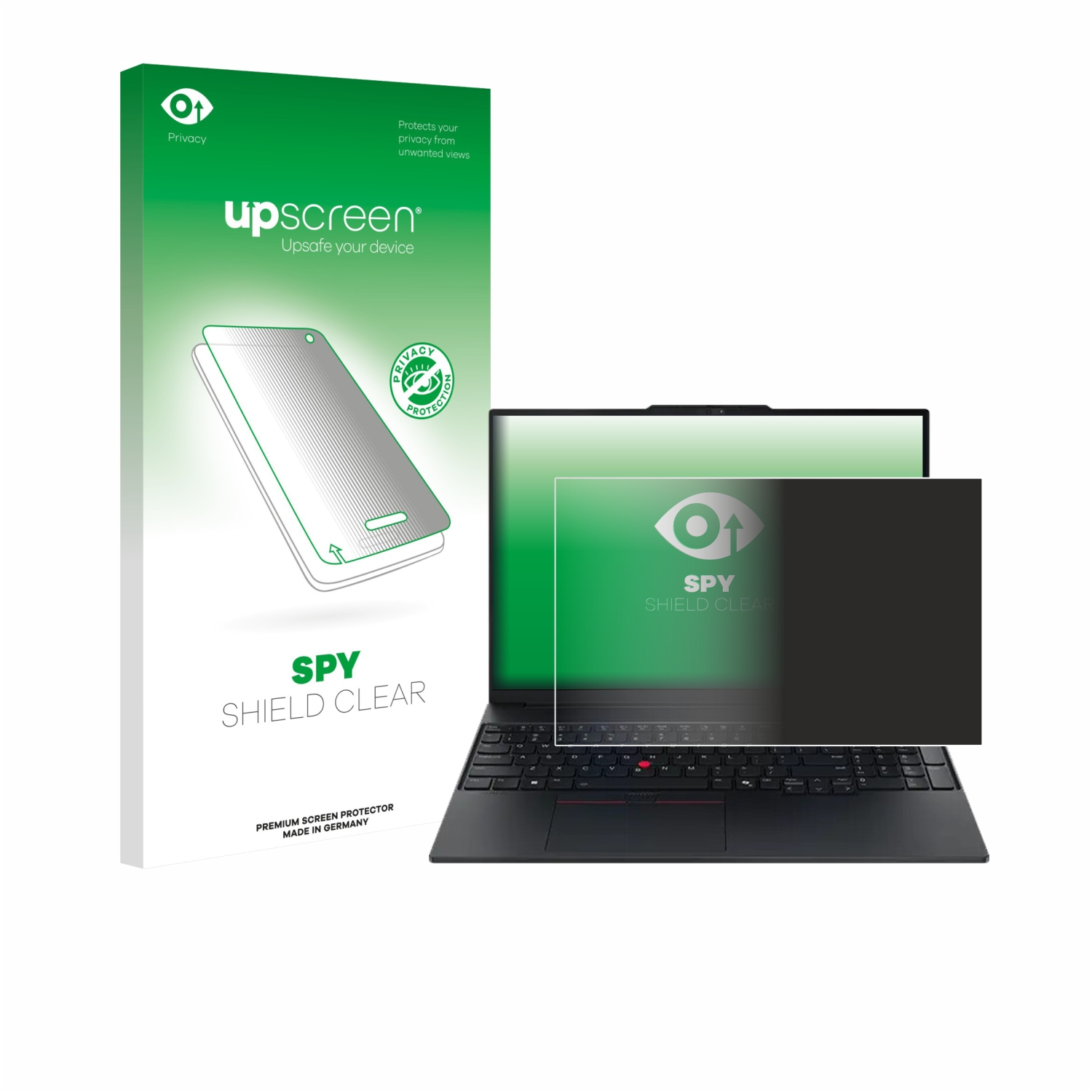 Laptop mit Displayschutzfolie und Verpackung. Schutzfolie ist SPY SHIELD CLEAR. Verpackung ist grün.