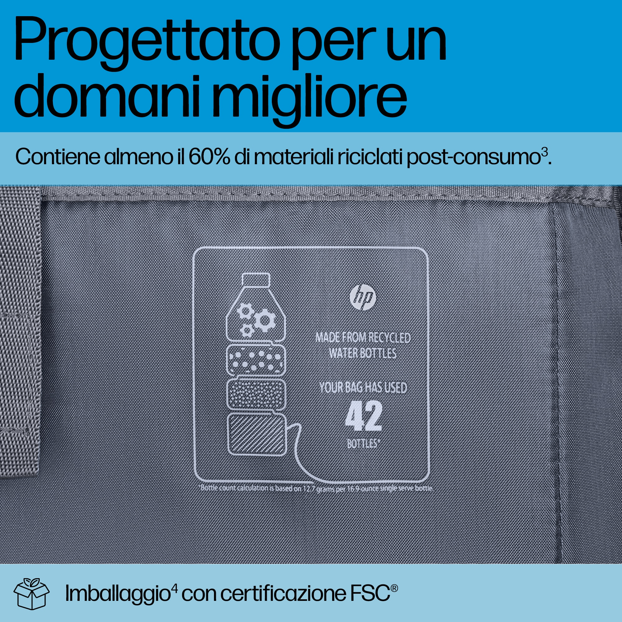 Borsa grigia con grafica di bottiglie riciclate. Testo: Realizzato con bottiglie d'acqua riciclate. La tua borsa ha usato 42 bottiglie.