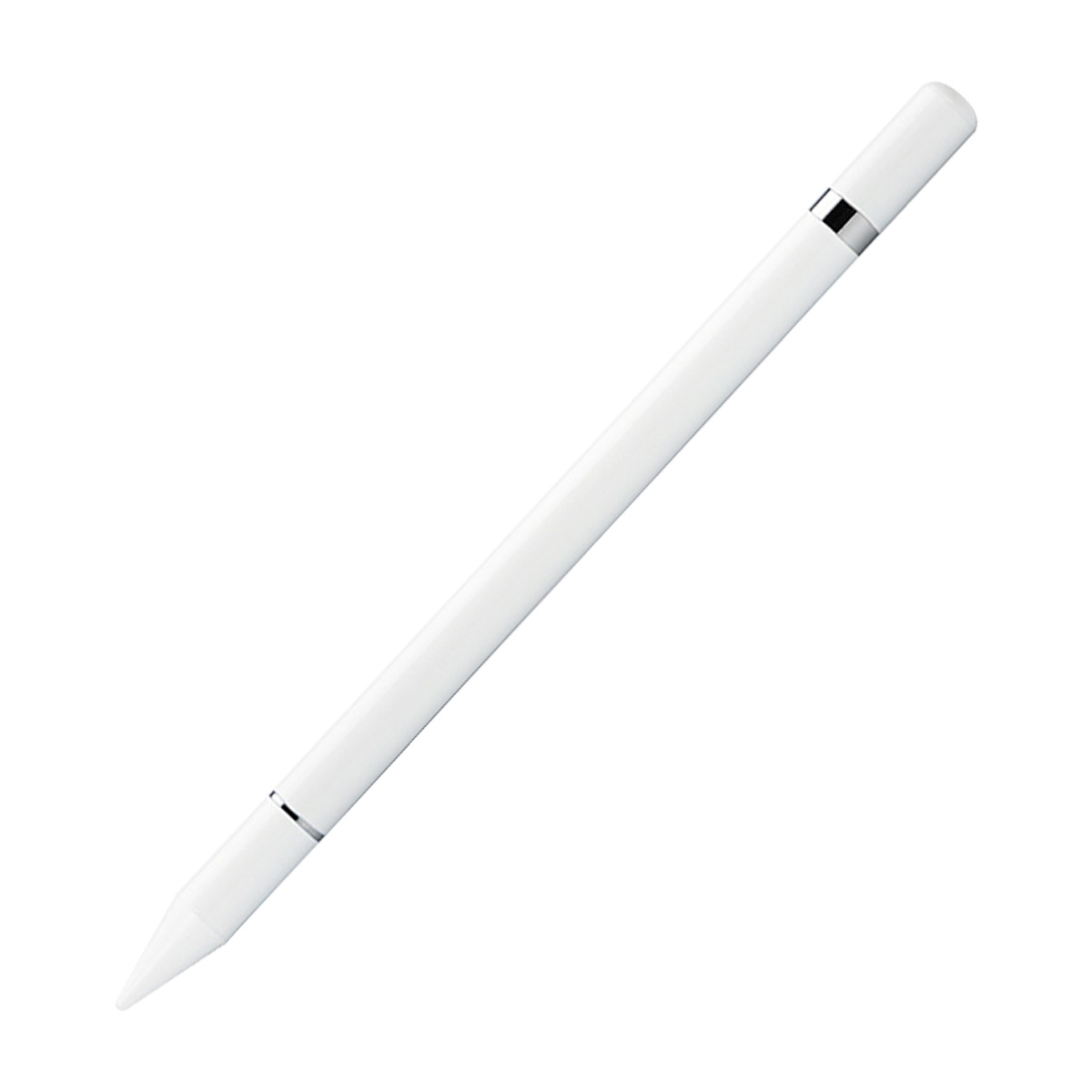 Weißer Apple Pencil mit silbernem Band und Spitze. Der Stift liegt diagonal vor weißem Hintergrund.