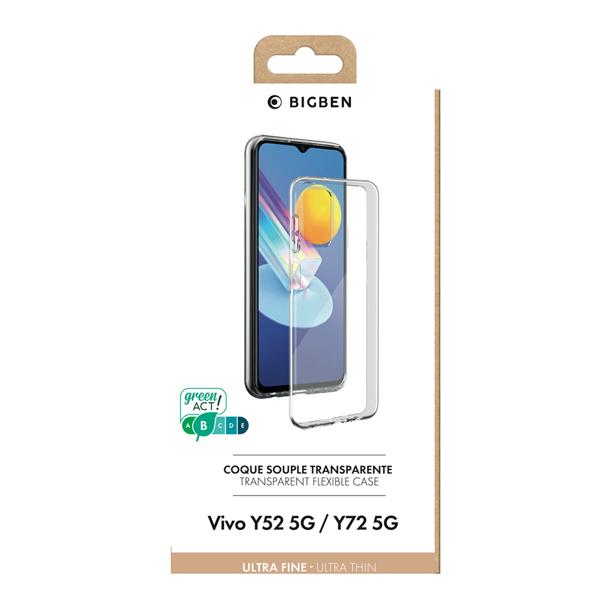 Un telefono e una custodia trasparente sono esposti su una confezione. Il marchio è Bigben. Il telefono è Vivo Y52 5G, Y72 5G.