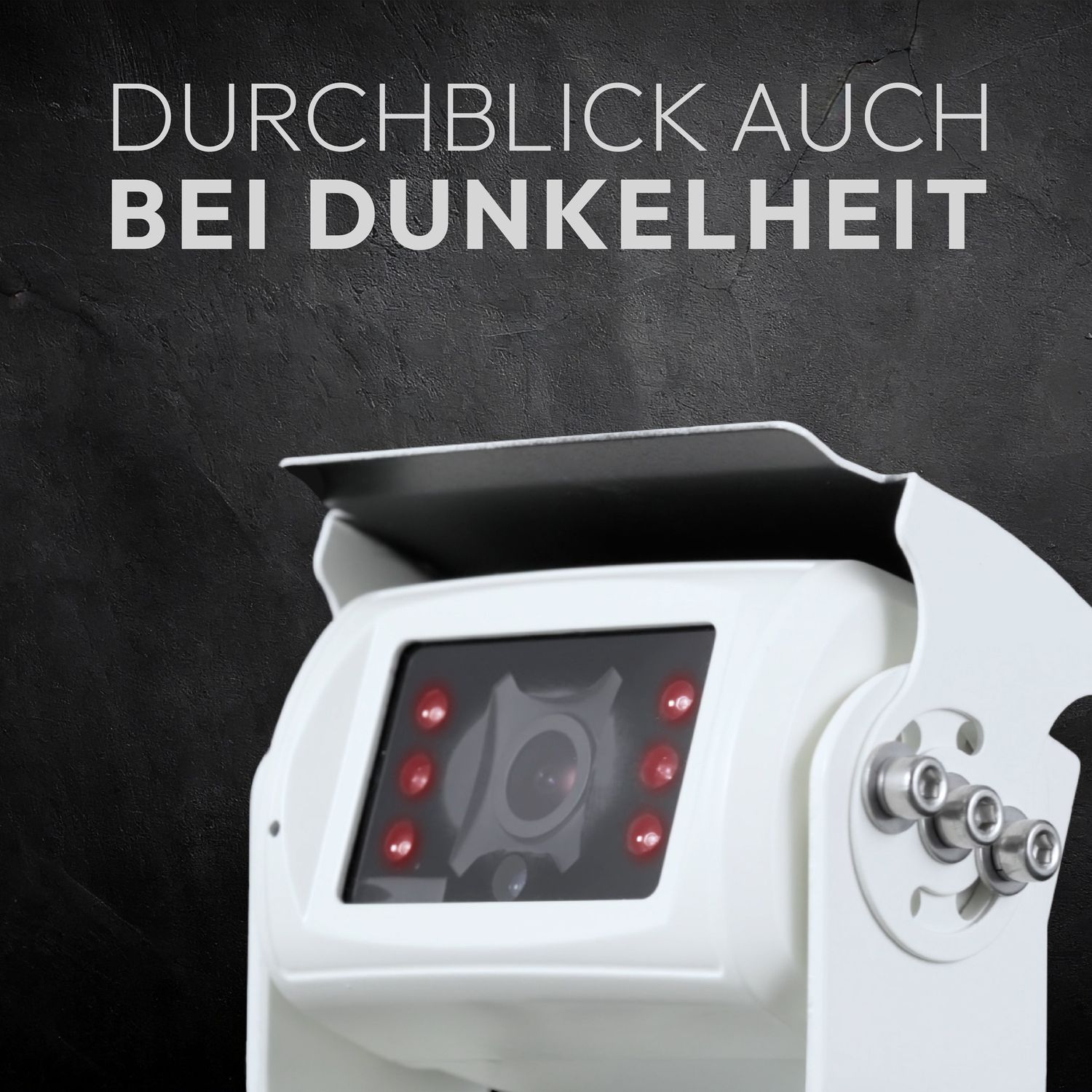Weiße Rückfahrkamera, Nahaufnahme. Text sagt "Sichtbarkeit auch bei Dunkelheit". Rote Lichter. Schwarzer Hintergrund.