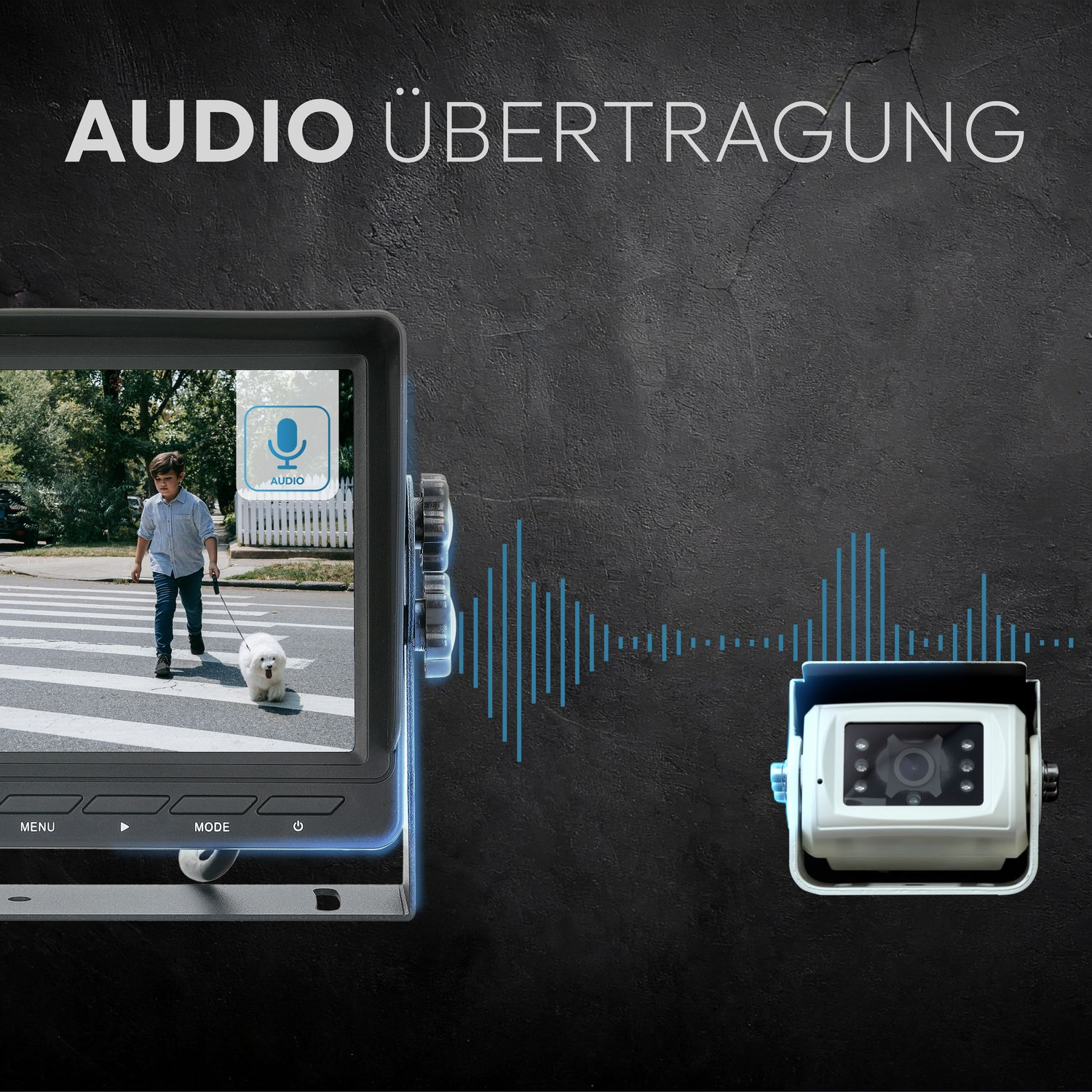 Monitor zeigt eine Person mit Hund, Schallwellen und eine weiße Kamera.