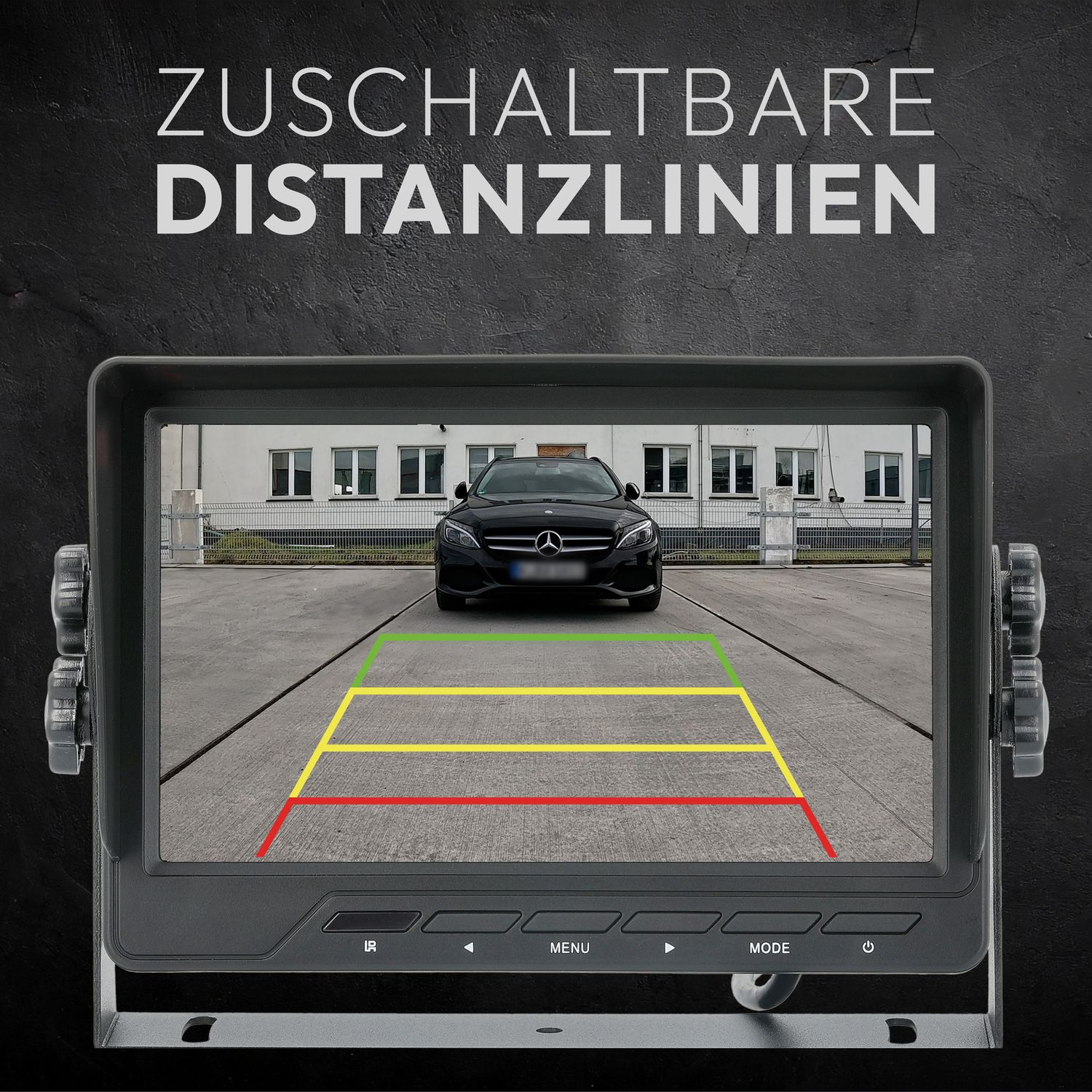Monitor, der die Ansicht eines fahrenden Autos mit farbigen Linien anzeigt. Text sagt "Umschaltbare Distanzlinien".