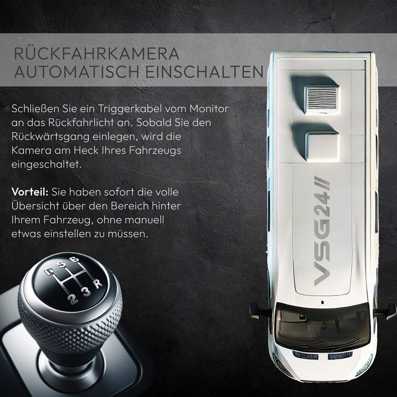 Draufsicht auf den Schalthebel eines Autos neben Text und einem Bild eines weißen Wohnmobils. Anweisungen links.