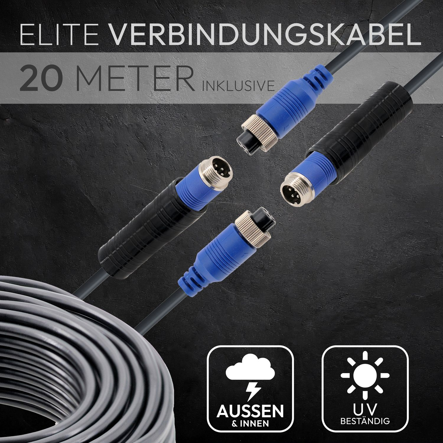 Vier schwarze und blaue Kabel mit Steckern. Text: "Elite-Anschlusskabel". Symbole: außen und innen & UV-beständig.