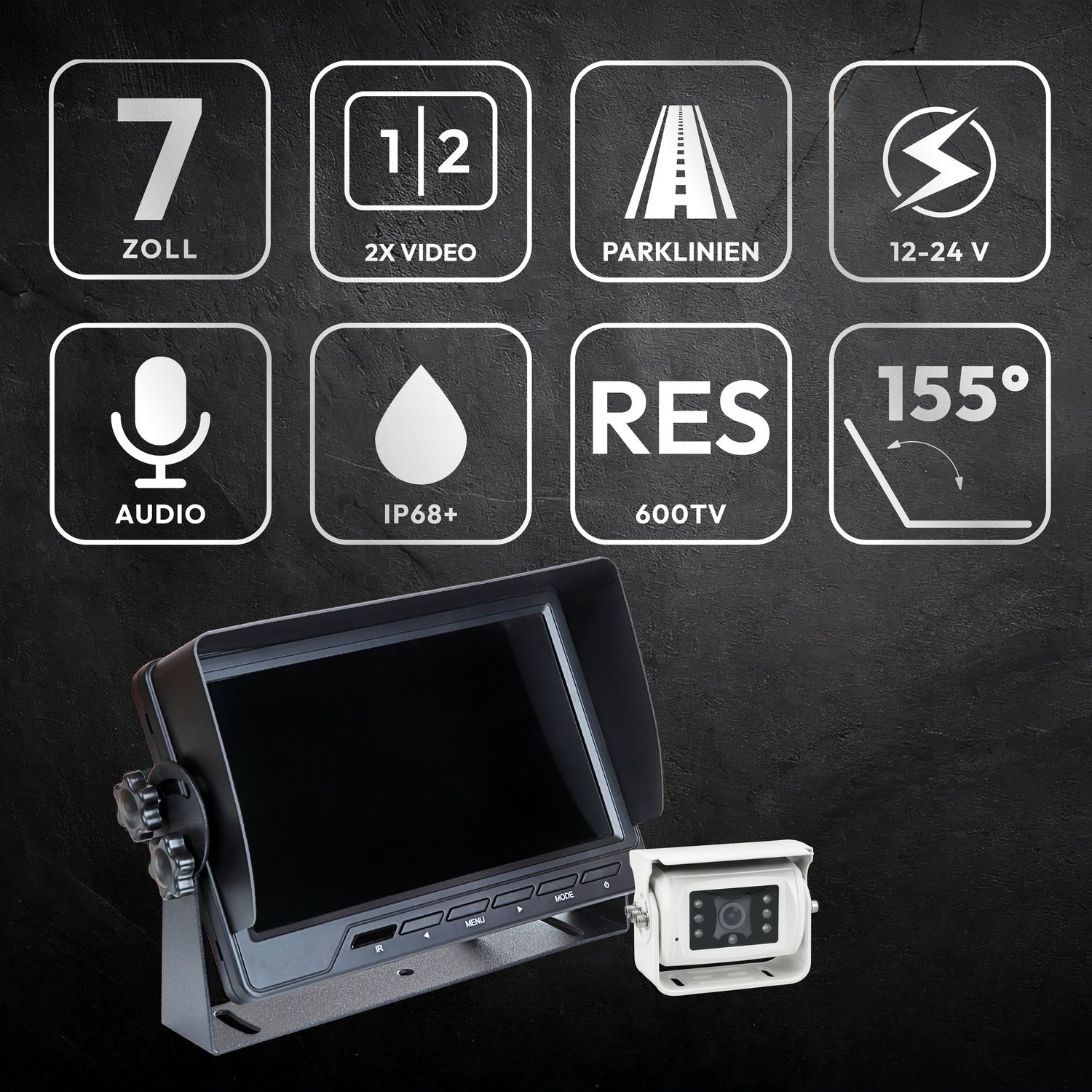 Weiße Kamera und Monitor mit Symbolen für 7", 2x Video, Parklinien, 12-24 V, Audio, IP68+, 600TVL, 155°.