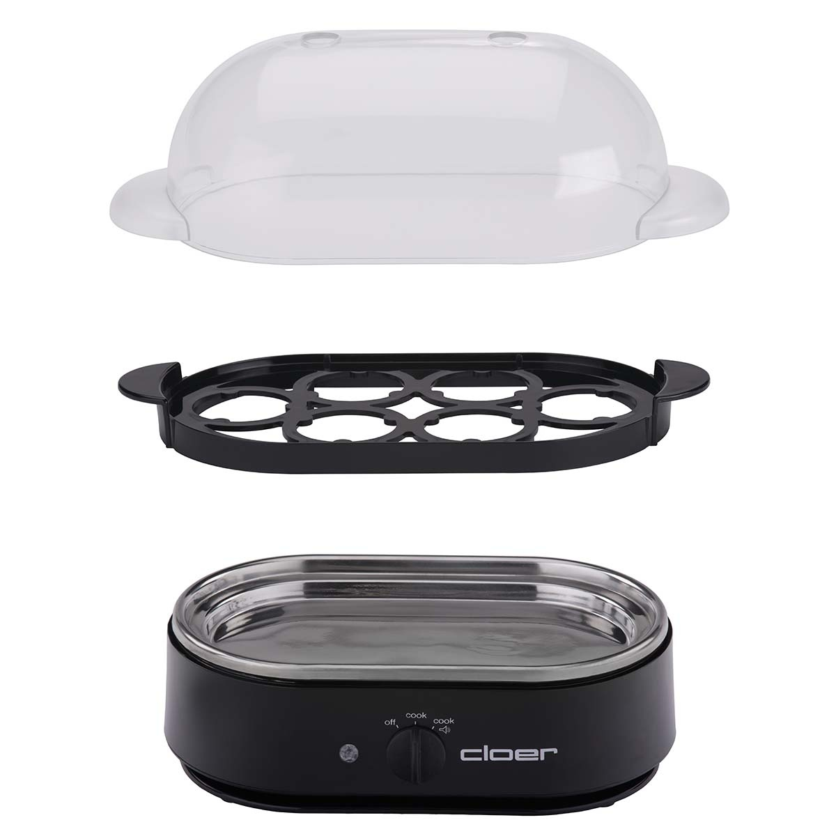 Rozłożony garnek do jajek. Zawiera podstawę, stojak na jajka i przezroczystą pokrywę.