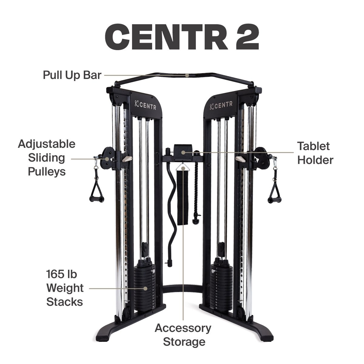 Machine de gym noire CENTR 2 avec barre de traction, poulies réglables, piles de poids de 165 lb, rangement et support tablette.