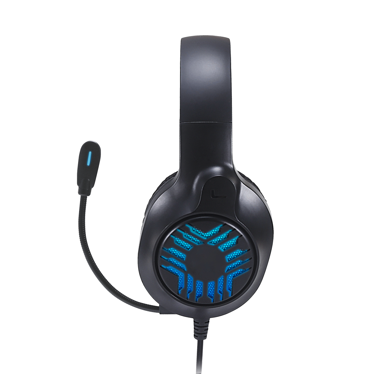 Black gaming headset with blue illuminated design and microphone.