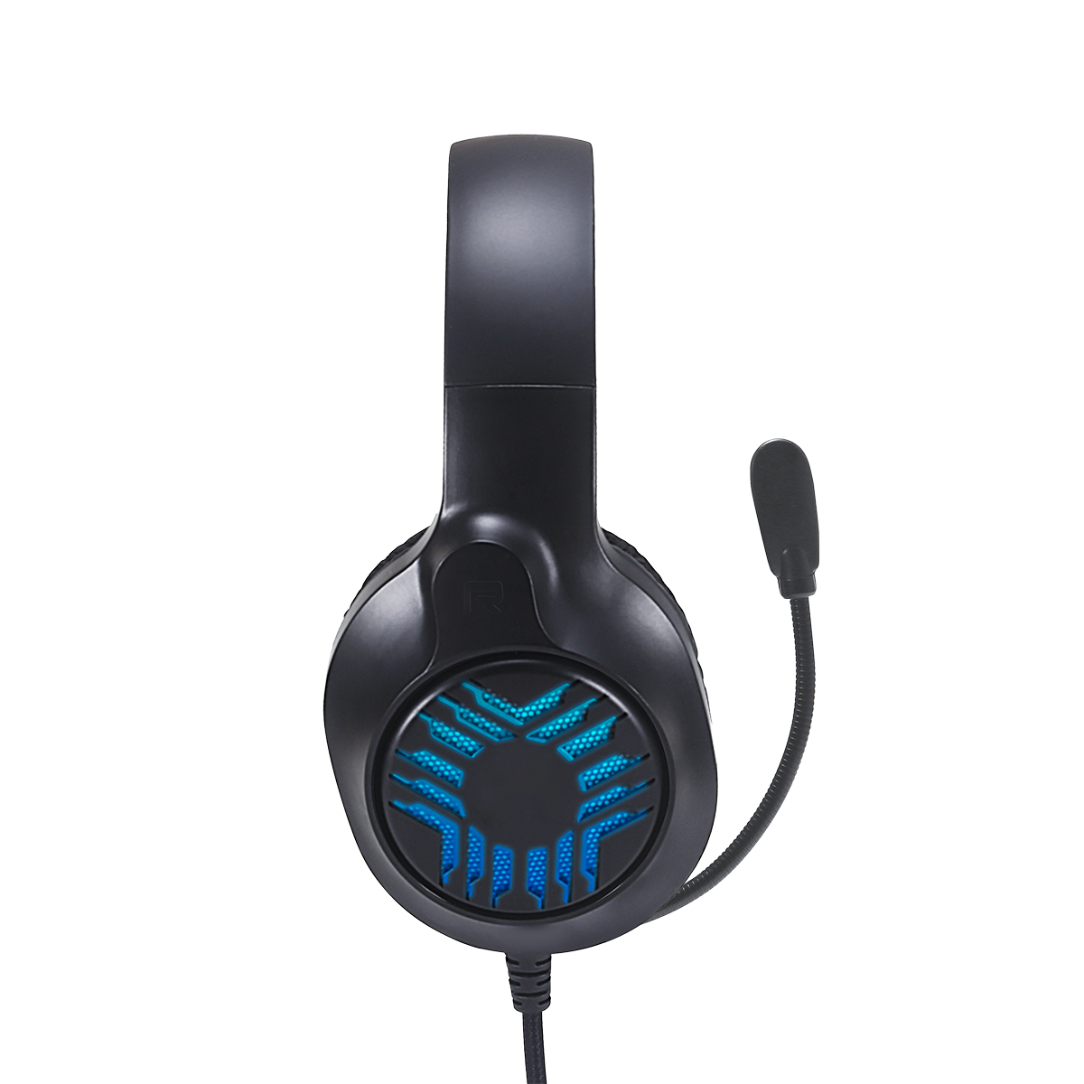 Black gaming headset with a blue illuminated design and microphone.