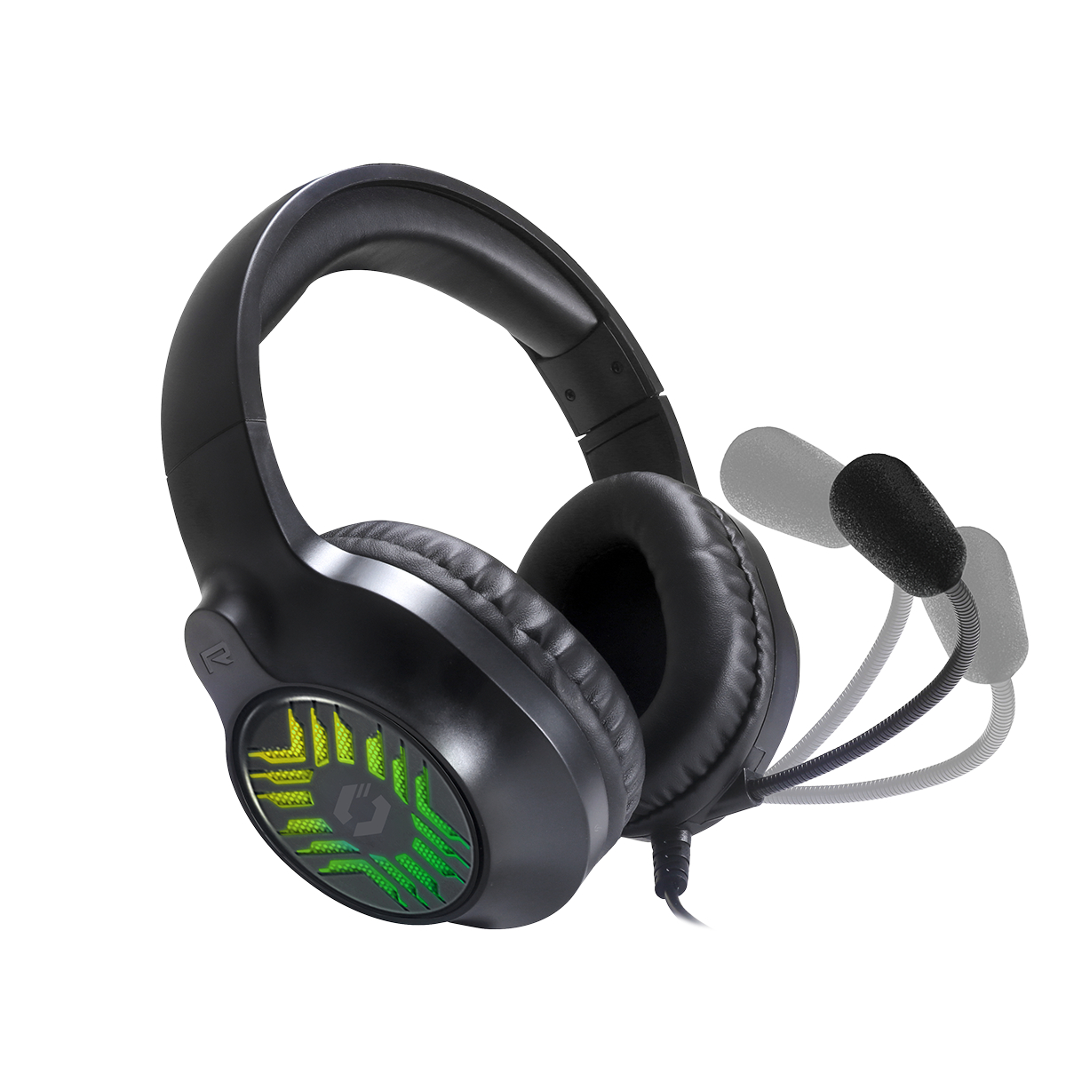 Black gaming headset with a multi-colored illuminated design and microphone.