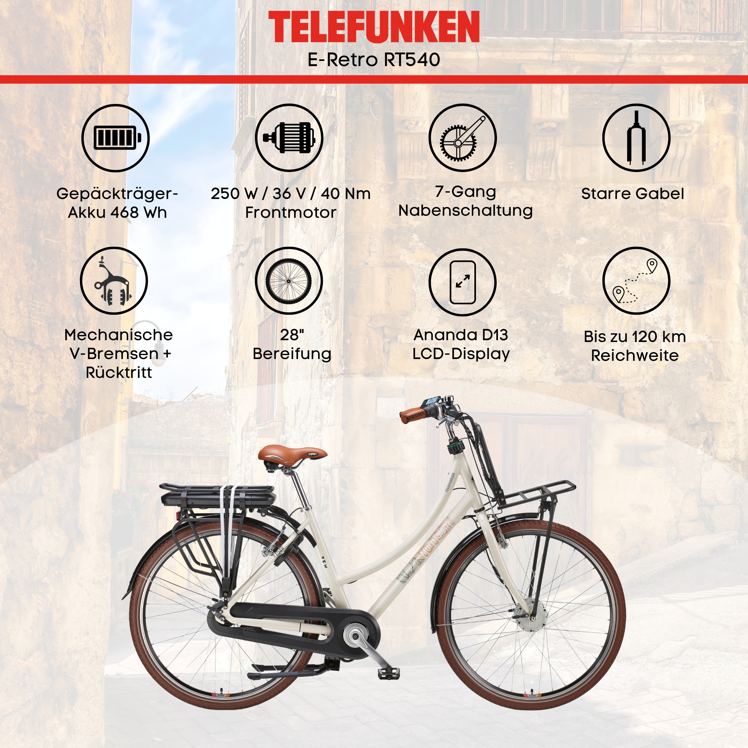 Eine E-Bike-Werbung mit Text und einem Retro-Fahrrad auf verschwommenem Hintergrund.
