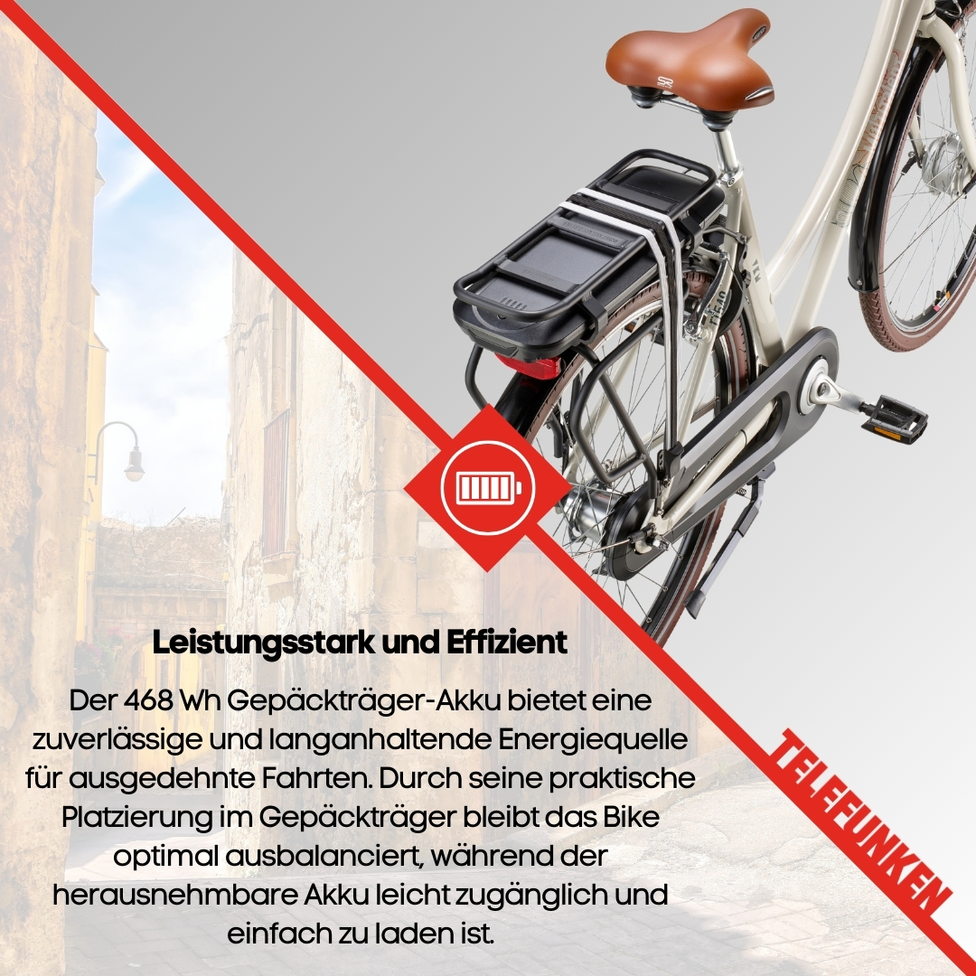 Eine E-Bike-Werbung mit Akkudetails und Text auf verschwommenem Hintergrund.