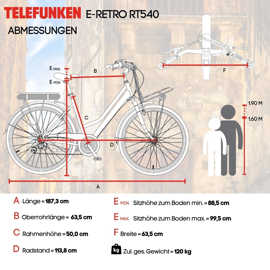 E-Bike mit Abmessungen und Text. Zeigt Fahrradteile und Maße. Hintergrund ist eine helle Wand mit Text.