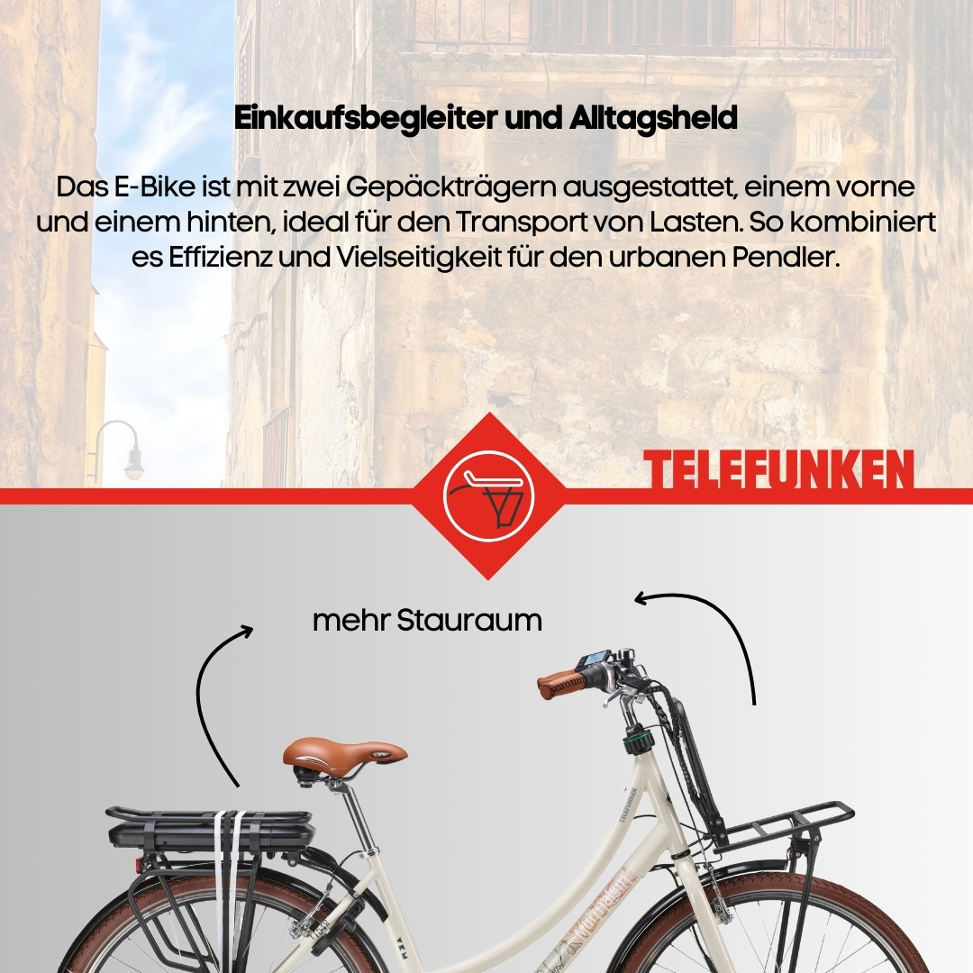Cremefarbenes Elektrofahrrad mit braunem Sattel und schwarzem Gepäckträger. Text beschreibt Effizienz und Vielseitigkeit für Pendler.