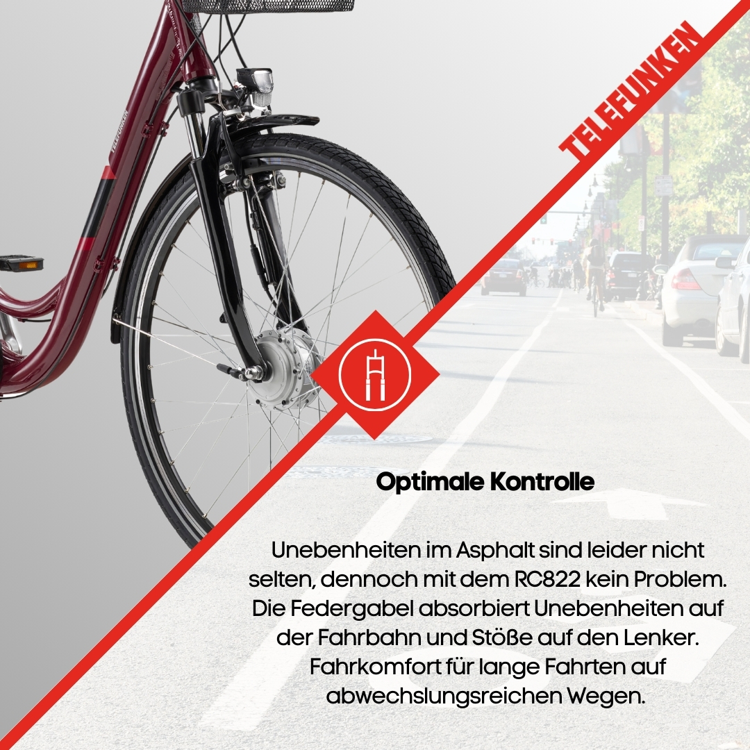 Rotes E-Bike in Schrägansicht, Straßenhintergrund. Telefunken-Logo und Text.