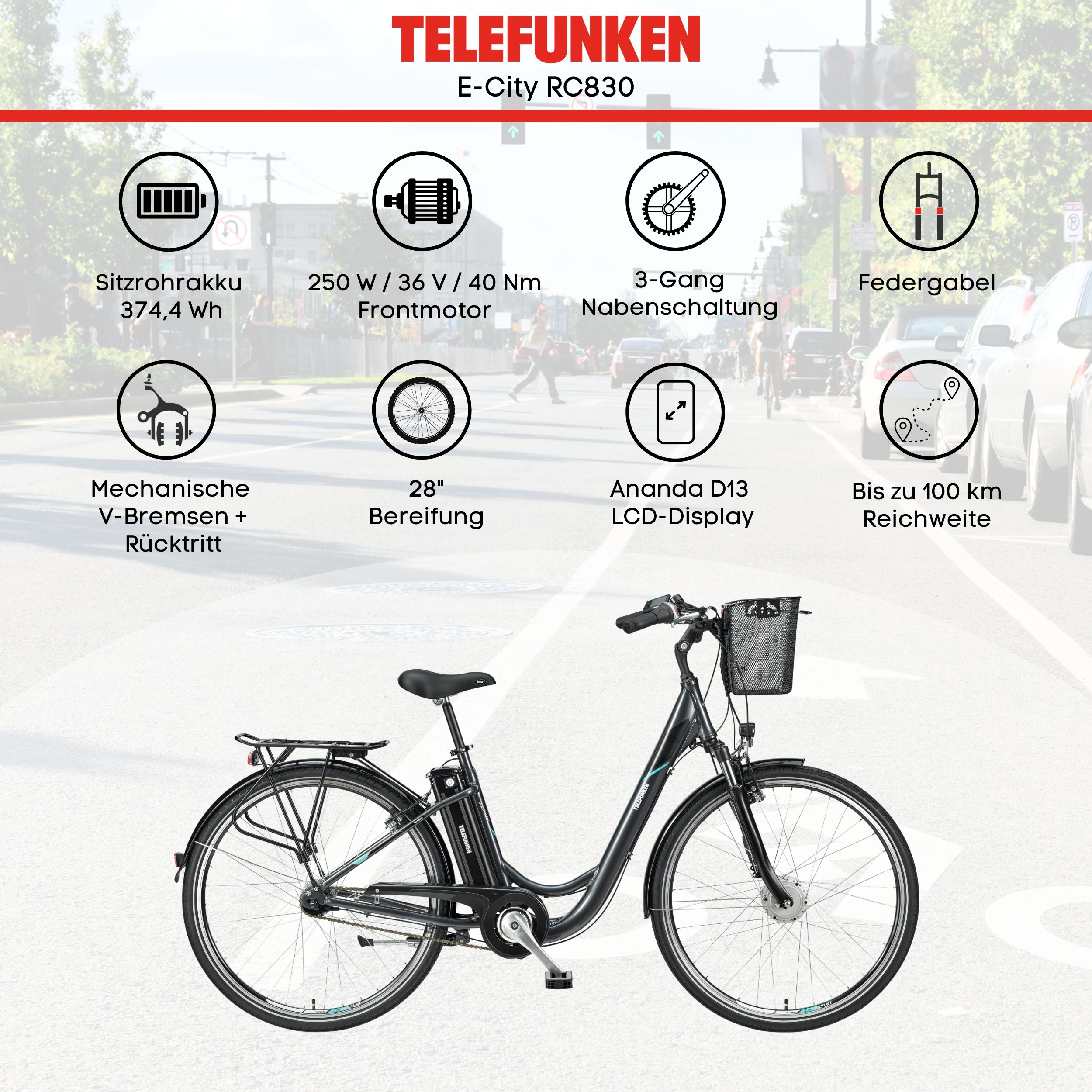 Ein schwarzes E-Bike mit Korb und Icons, vor Stadtkulisse.