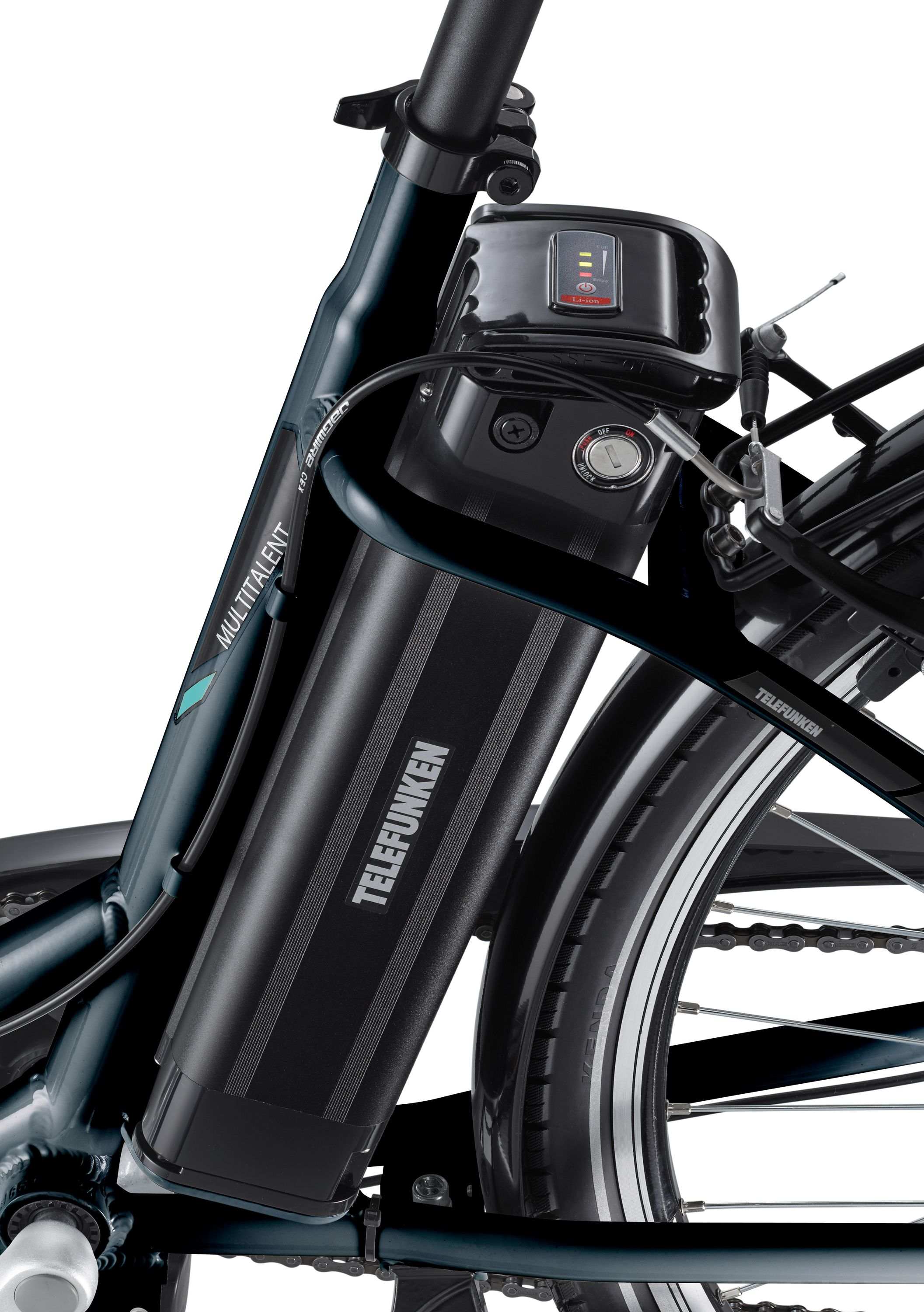 Nahaufnahme eines schwarzen Telefunken E-Bike-Akkus, der am Rahmen befestigt ist.