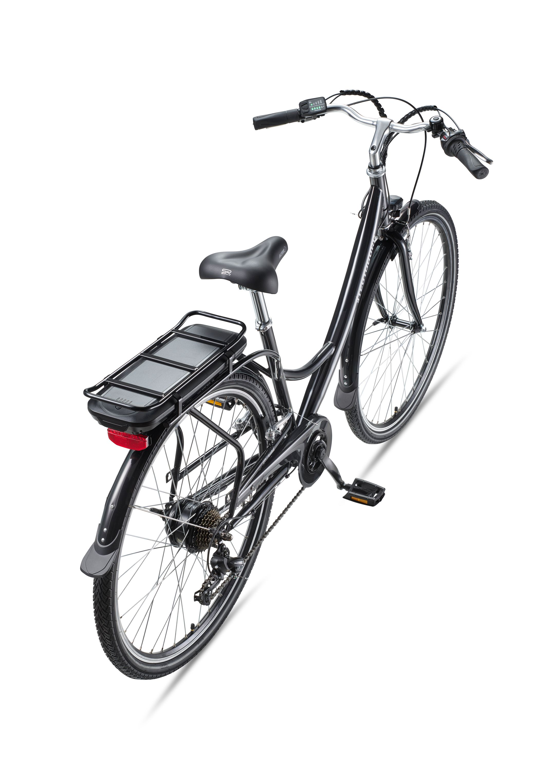 Draufsicht auf ein schwarzes Elektrofahrrad, das Sitz, Gepäckträger und Korb vor weißem Hintergrund zeigt.