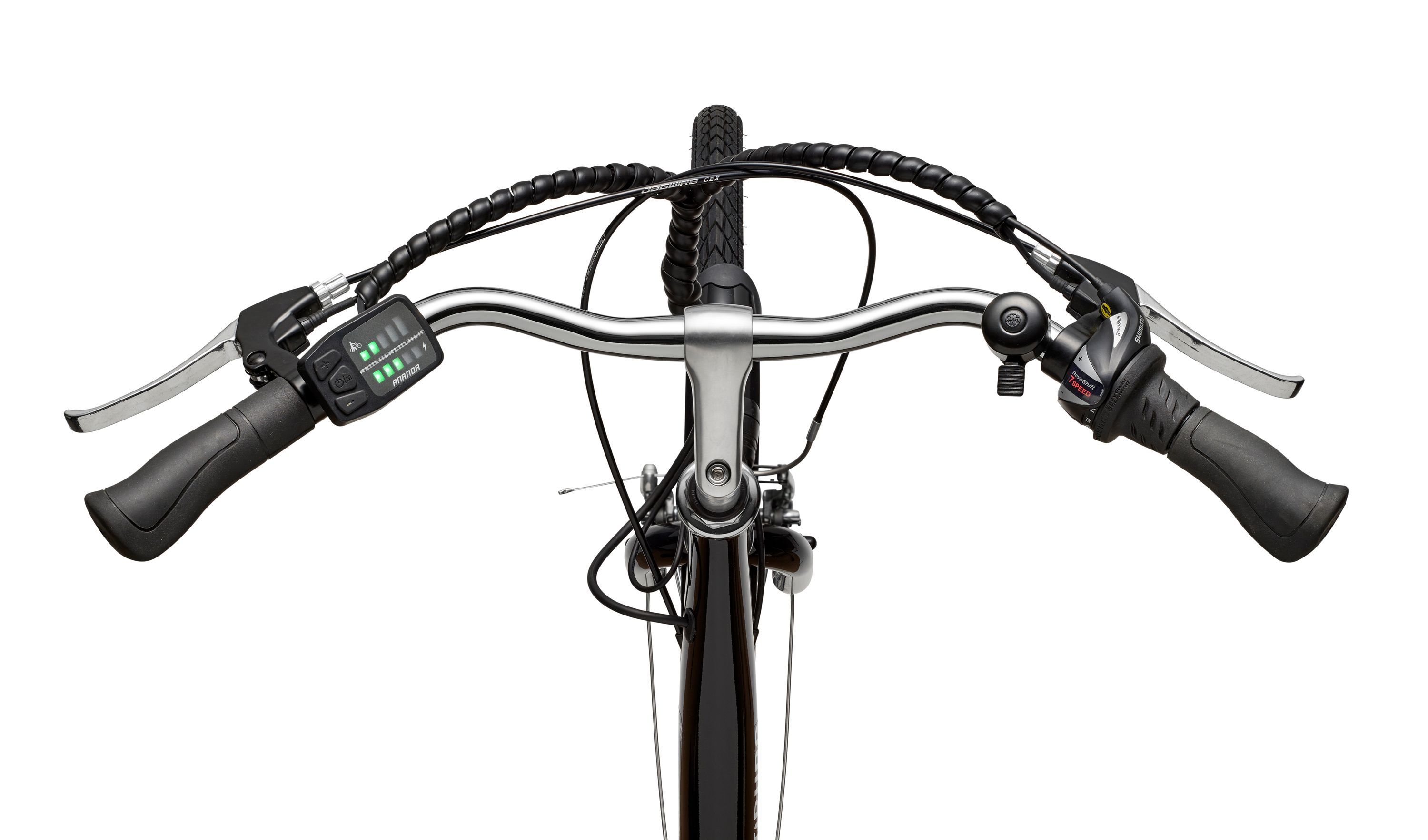 Draufsicht auf einen Fahrradlenker mit Bedienelementen, Lichtern und Griffen vor weißem Hintergrund, isoliert.
