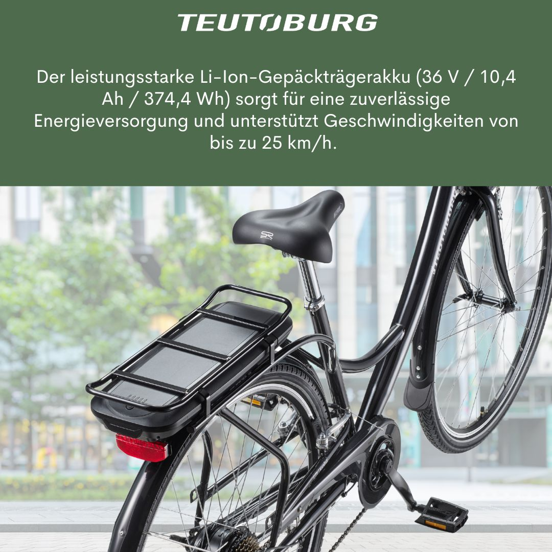 Das Heck eines Fahrrads, mit Sitz, Gepäckträger und Hinterreifen, mit verschwommenem Stadt-Hintergrund.