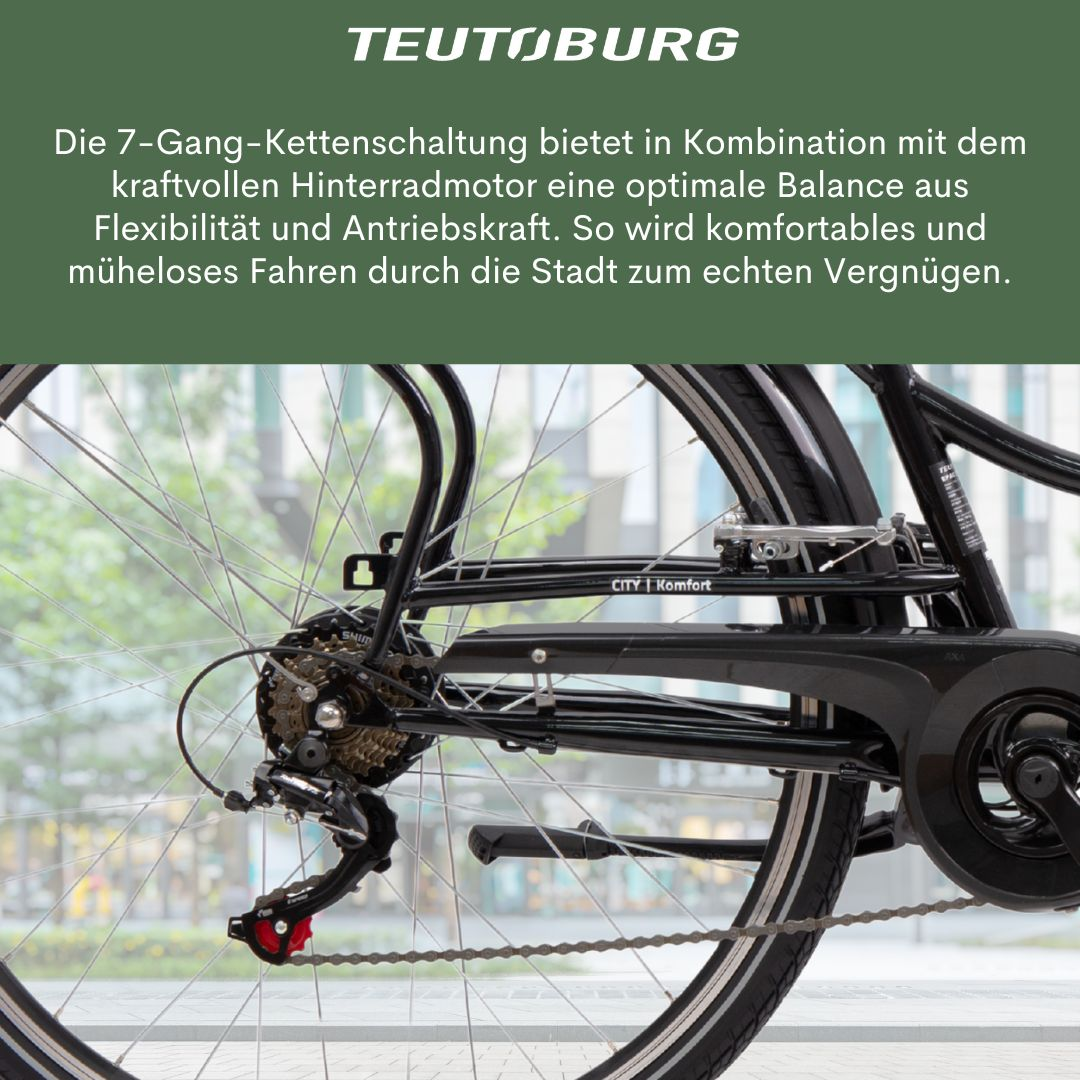 Nahaufnahme des Hinterrads eines Fahrrads, das Kette, Gänge und Federungssystem zeigt, mit verschwommenem Stadt-Hintergrund.