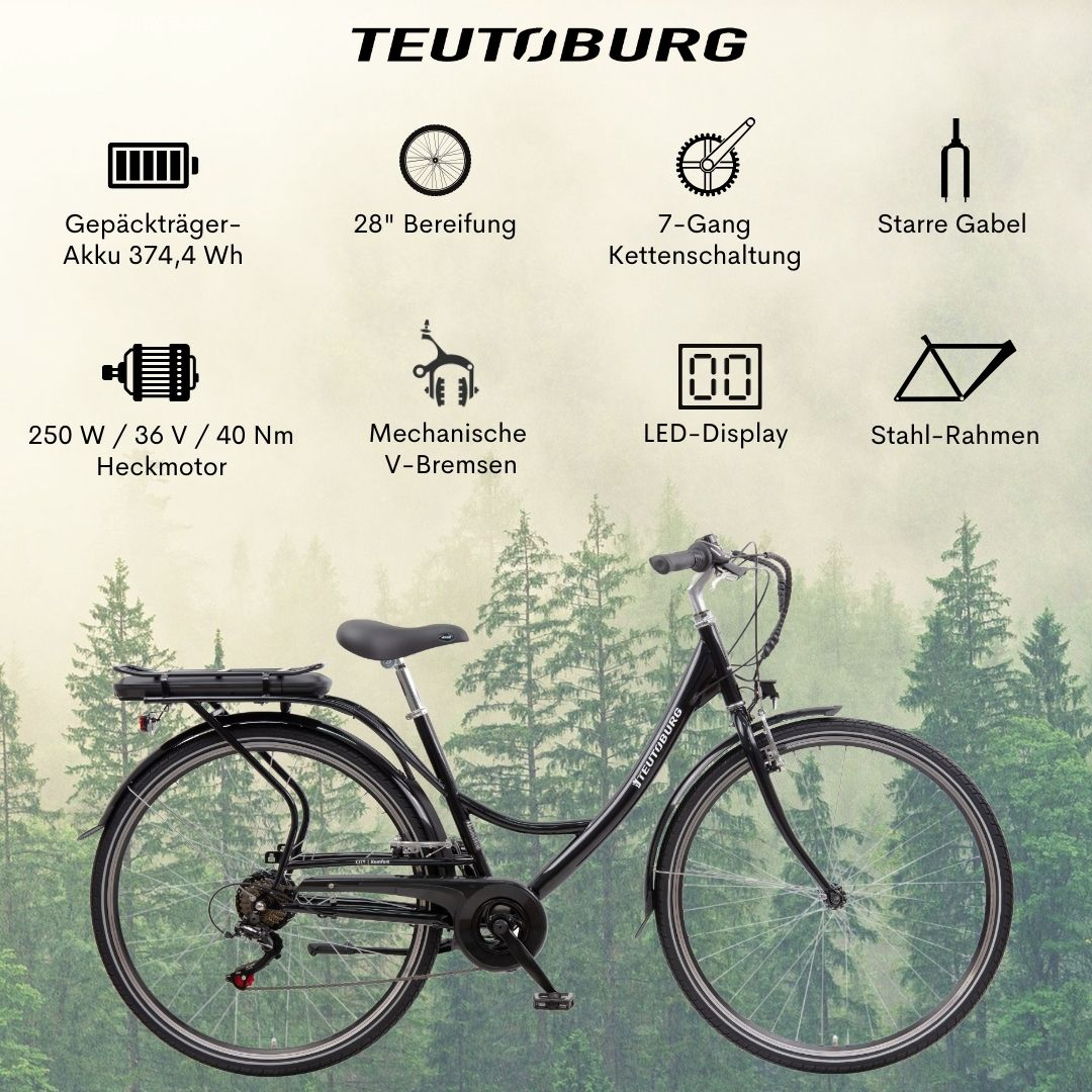 Schwarzes E-Bike mit schwarzem Rahmen. Es hat einen Heckträger und steht vor einem Waldhintergrund.