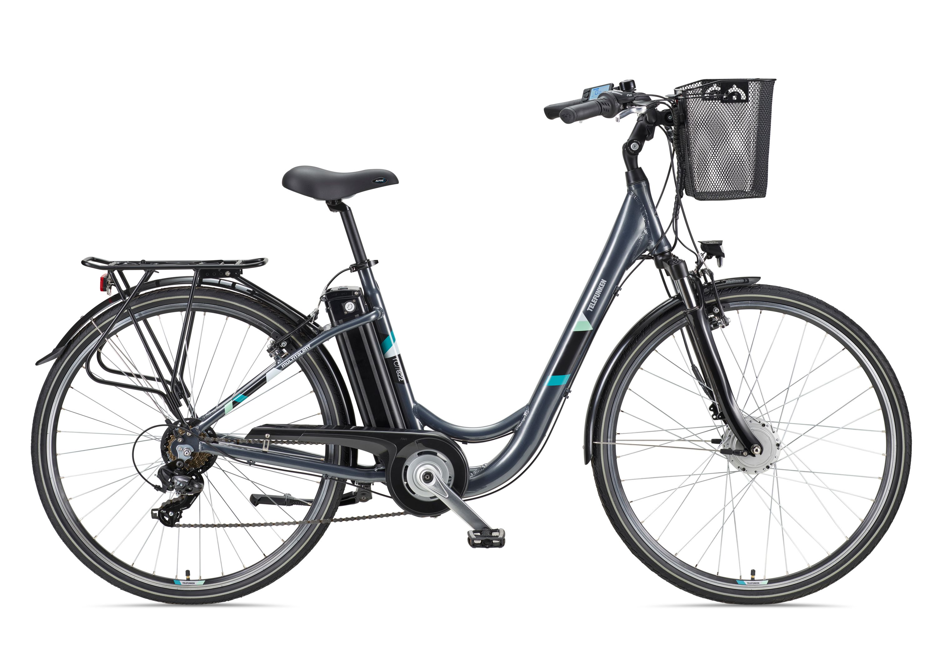 Graues E-Bike mit Korb. Es hat einen Akku und steht vor weißem Hintergrund.