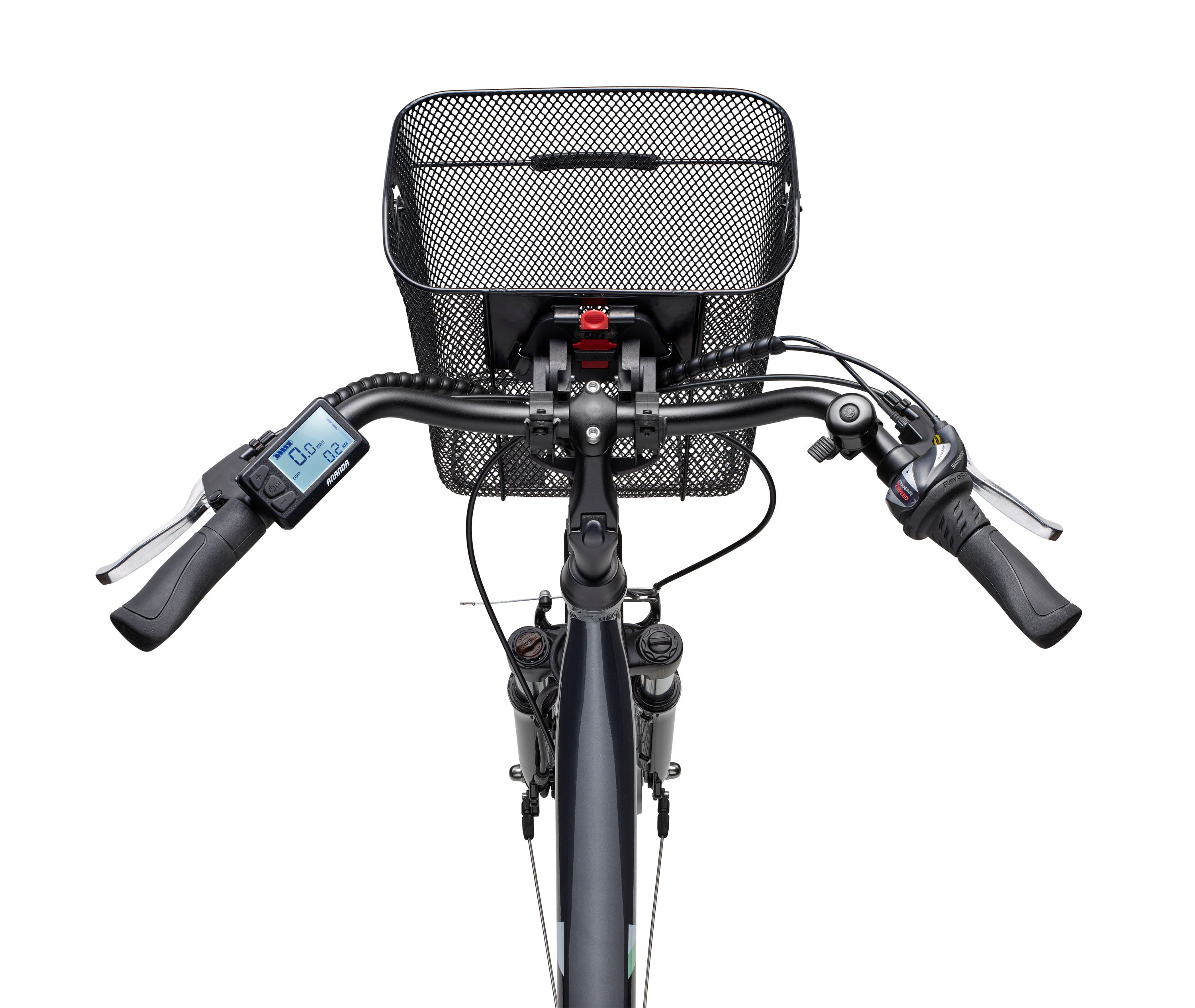 Eine Draufsicht auf ein Elektrofahrrad, bei der ein Korb, ein Lenker und ein Display sichtbar sind.