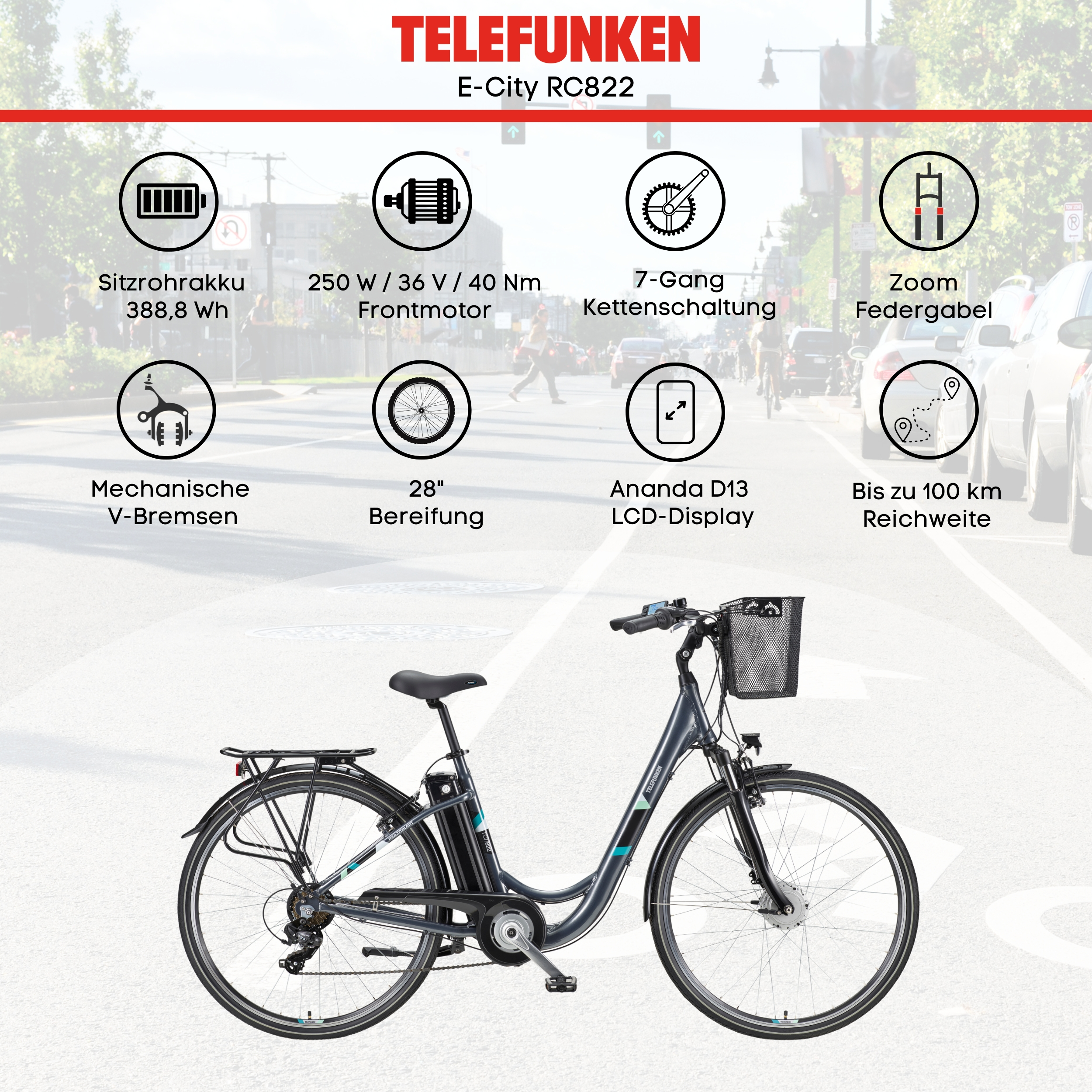 Ein Elektrofahrrad mit Text und Symbolen. Das Fahrrad befindet sich in einer Straßenszene und hebt seine Eigenschaften hervor.