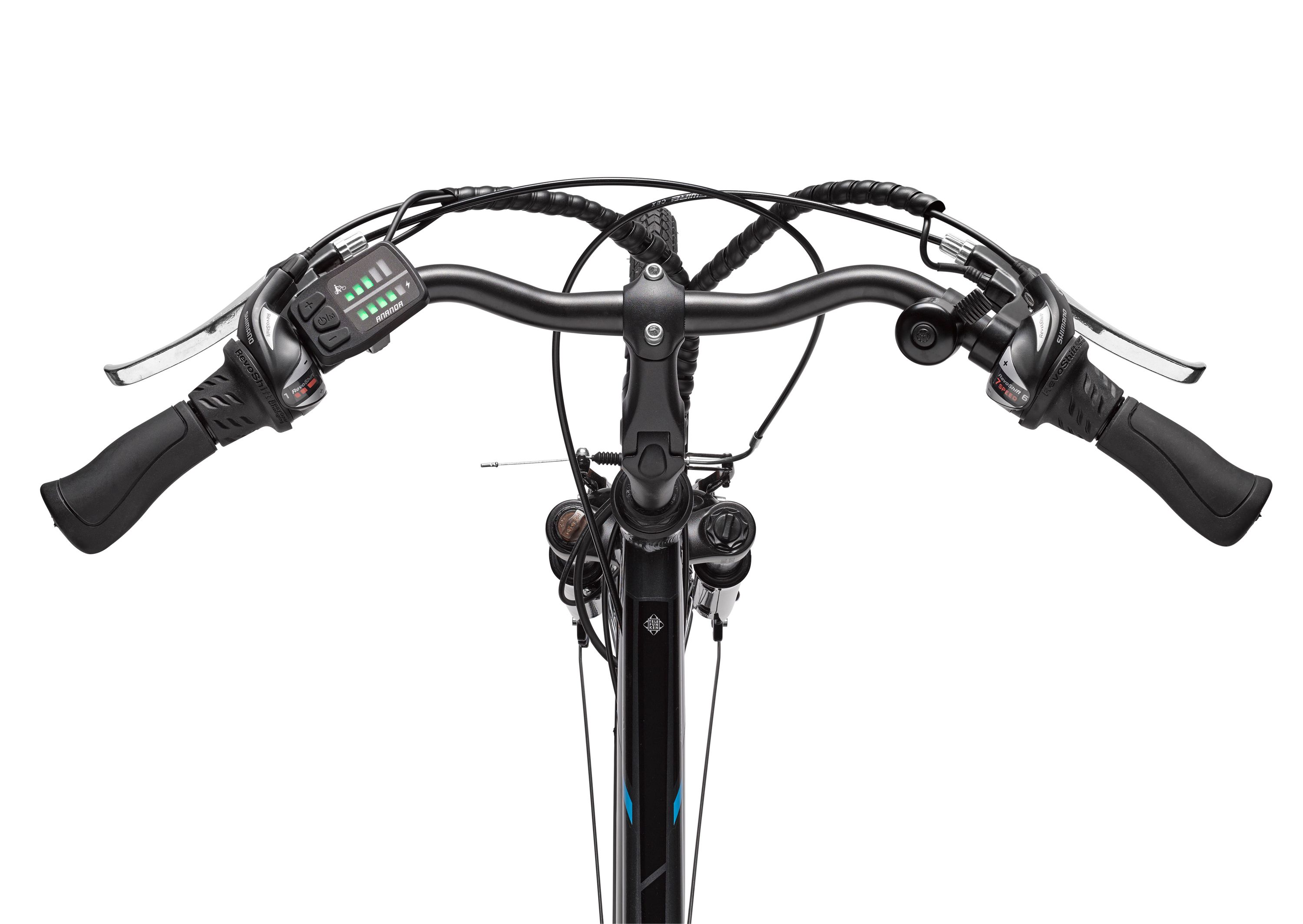 Nahaufnahme von Fahrradlenker und Bedienelementen. Schwarzer Lenker und ein Display.