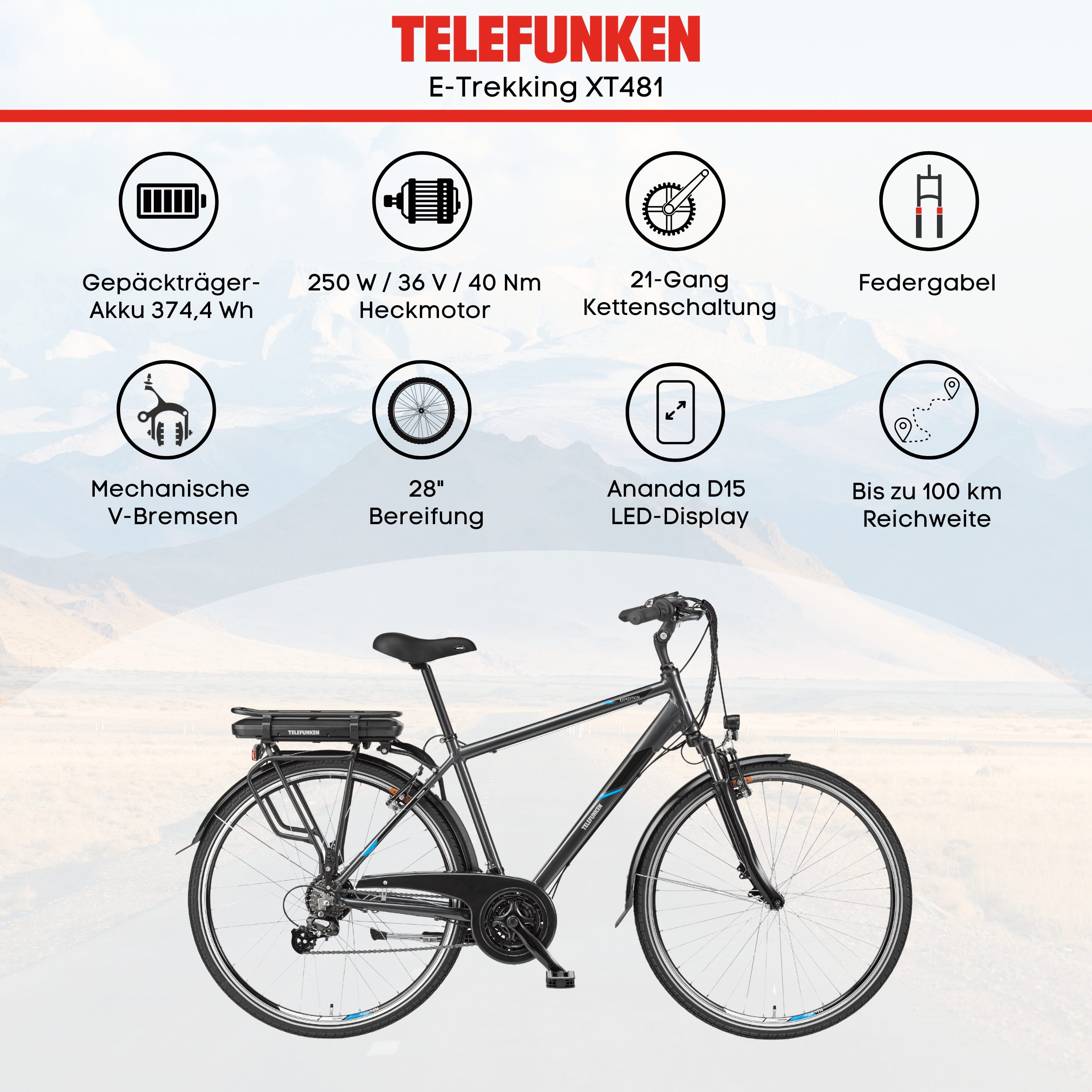 Ein E-Bike mit beschreibendem Text und Symbolen. Das Fahrrad wird vor hellem Hintergrund mit verschiedenen Details gezeigt.