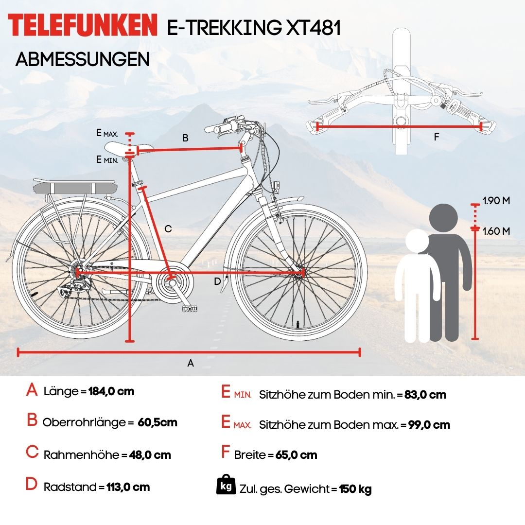 Ein E-Bike-Diagramm mit Maßen und Anmerkungen. Enthält Länge, Sitzhöhe und andere Abmessungen.