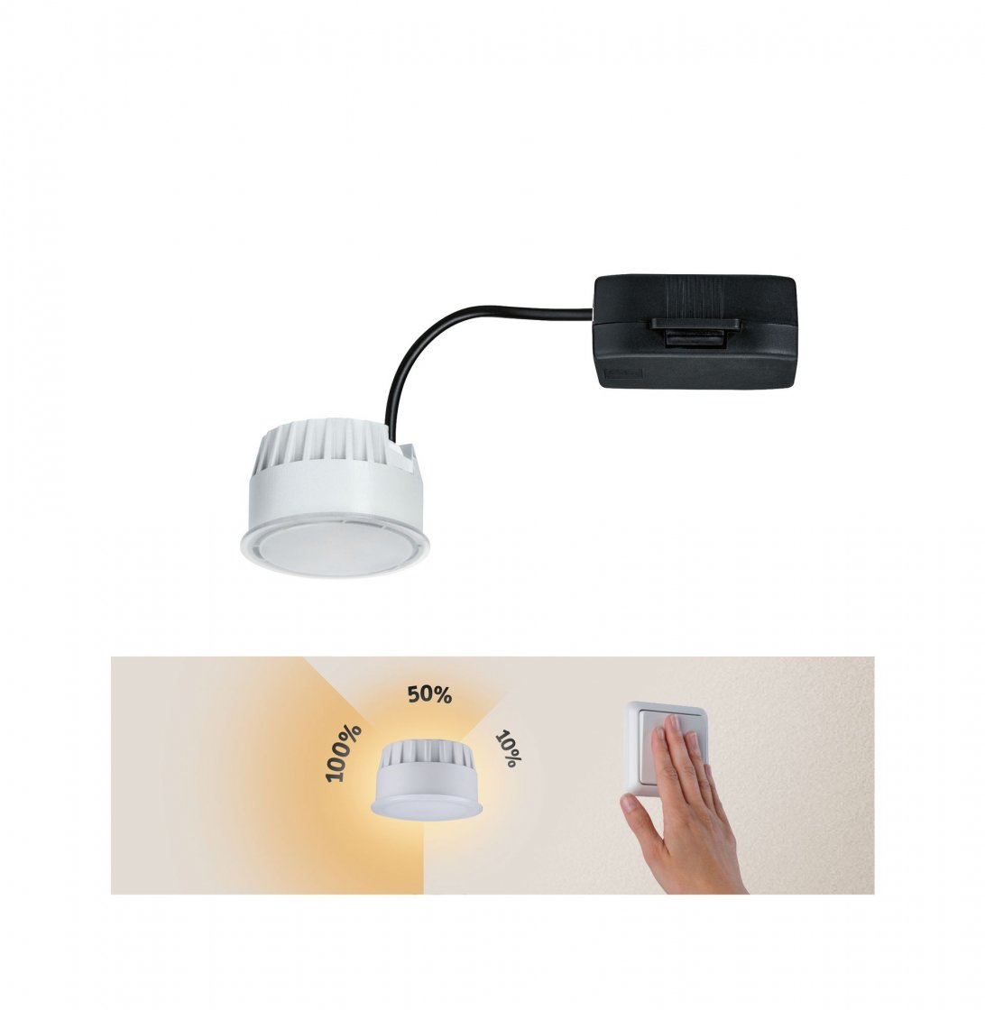 Einbaustrahler mit einer Hand, die mit einem Lichtschalter interagiert. Lichtintensitätsindikatoren: 10 %, 50 %, 100 %.