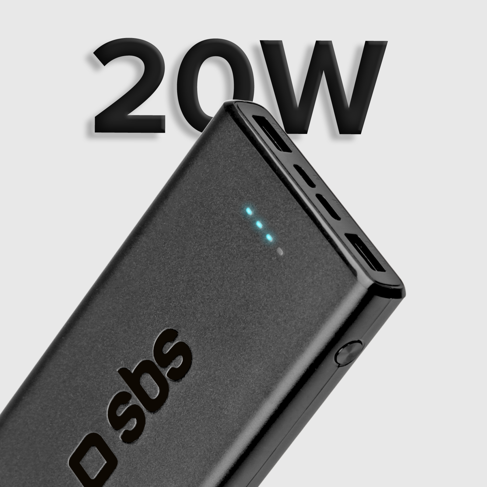 Power bank nera con indicatore 20W. Il logo SBS è visibile. Le luci LED blu indicano lo stato. Sfondo pulito e chiaro.