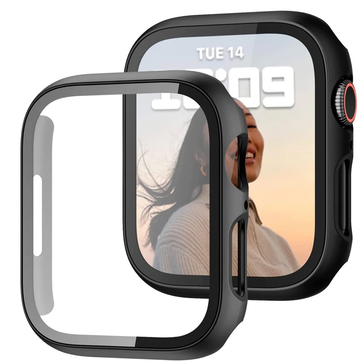 Schwarzes Apple Watch-Gehäuse mit klarem Displayschutz. Die Uhr zeigt das Gesicht einer Frau. Das Datum ist Dienstag, der 14.