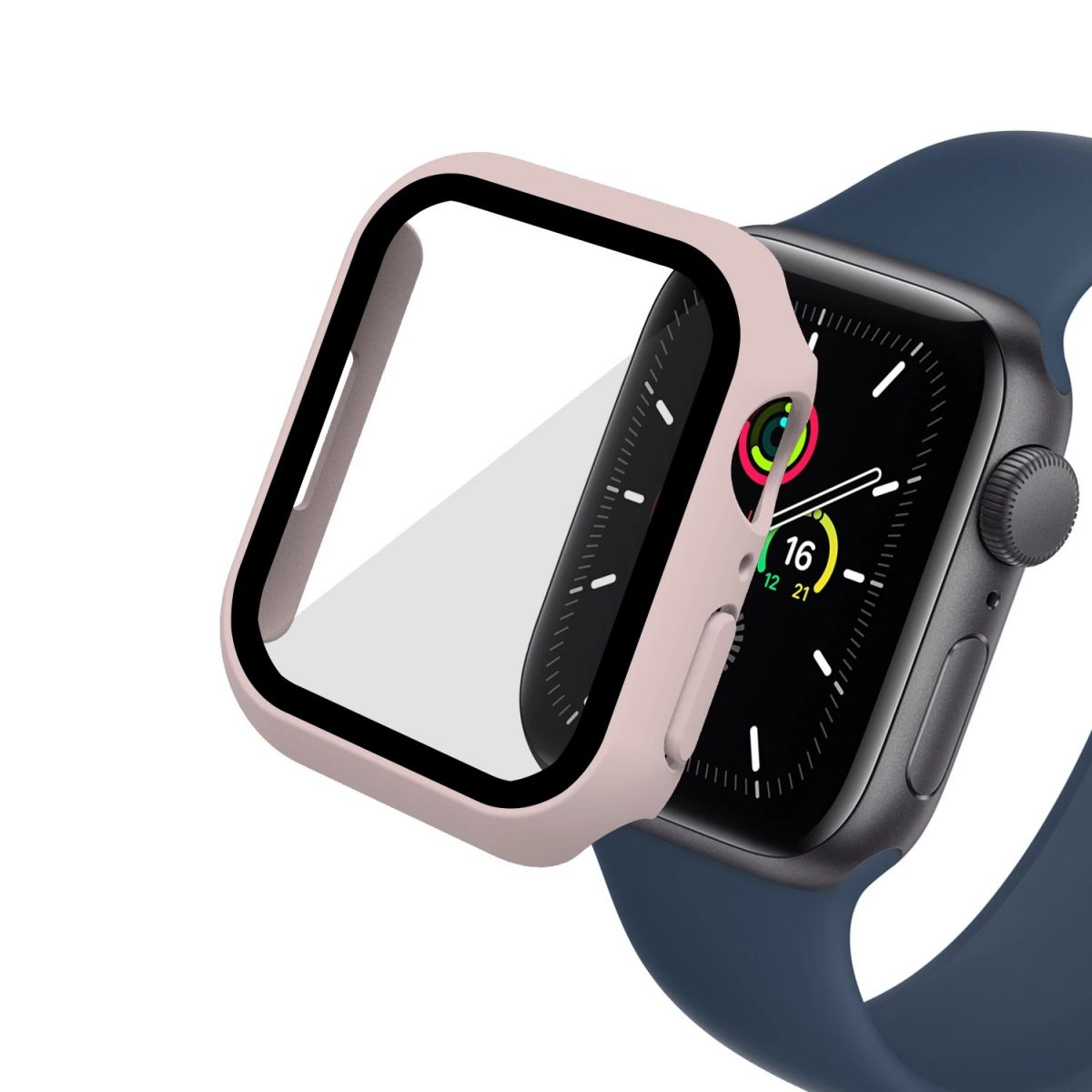 Rosa Apple Watch-Gehäuse mit klarem Displayschutz. Die Uhr ist schwarz mit blauem Armband. Das Display zeigt das Datum.