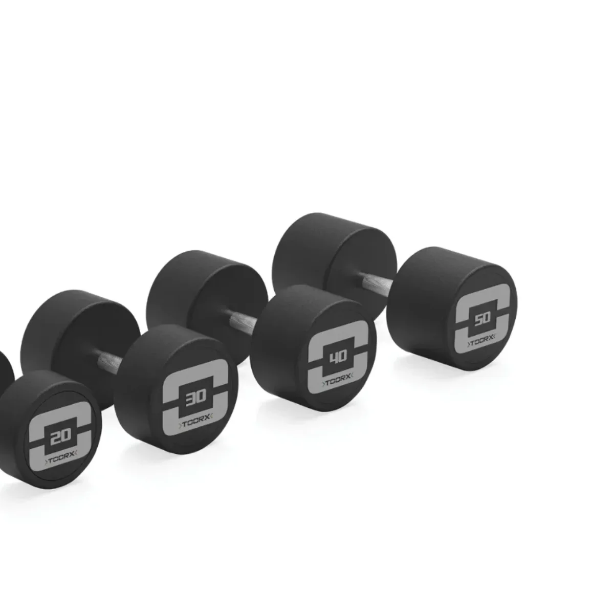 Black dumbbells, numbered 20 to 50, are arranged on a white background.