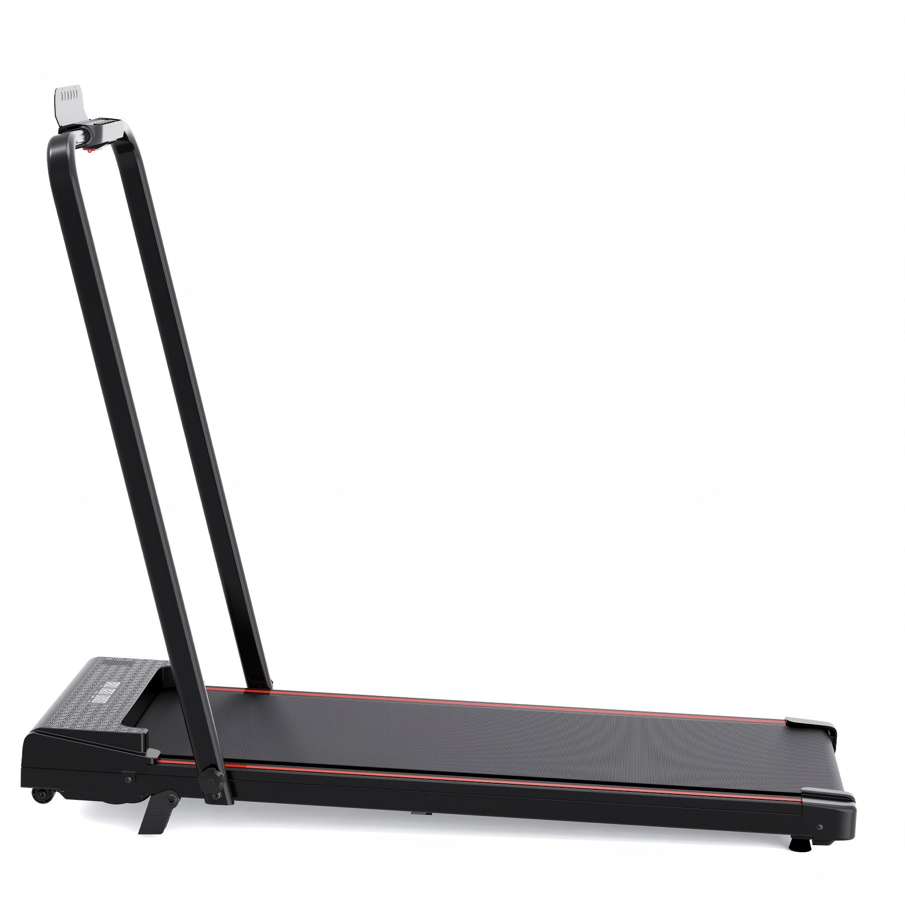 Black and red treadmill on white background. It has a control panel at the top and a safety handle.