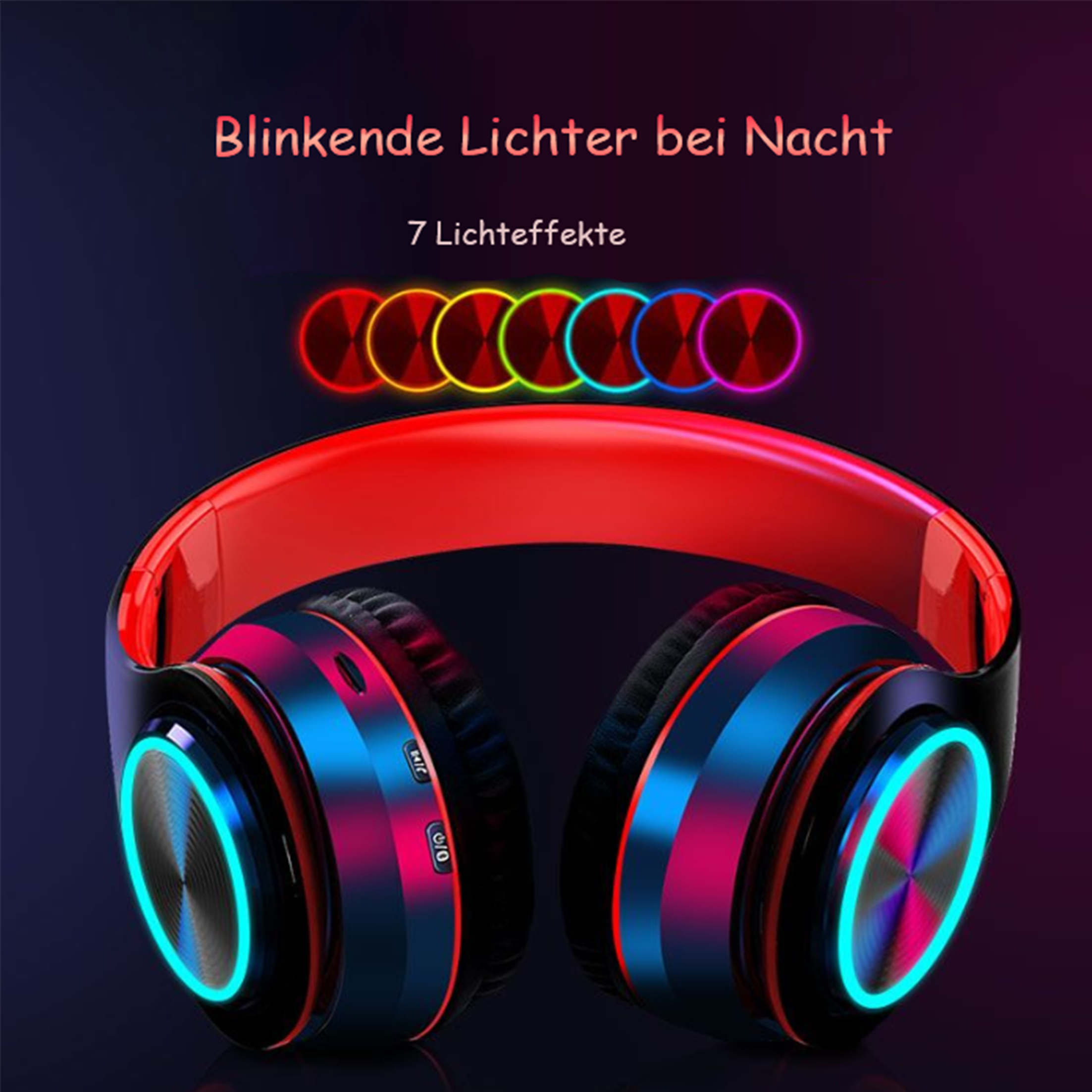 Rote und schwarze Kopfhörer mit farbigen Lichtern. Auf dunklem Hintergrund, 7 verschiedene Lichteffekte.