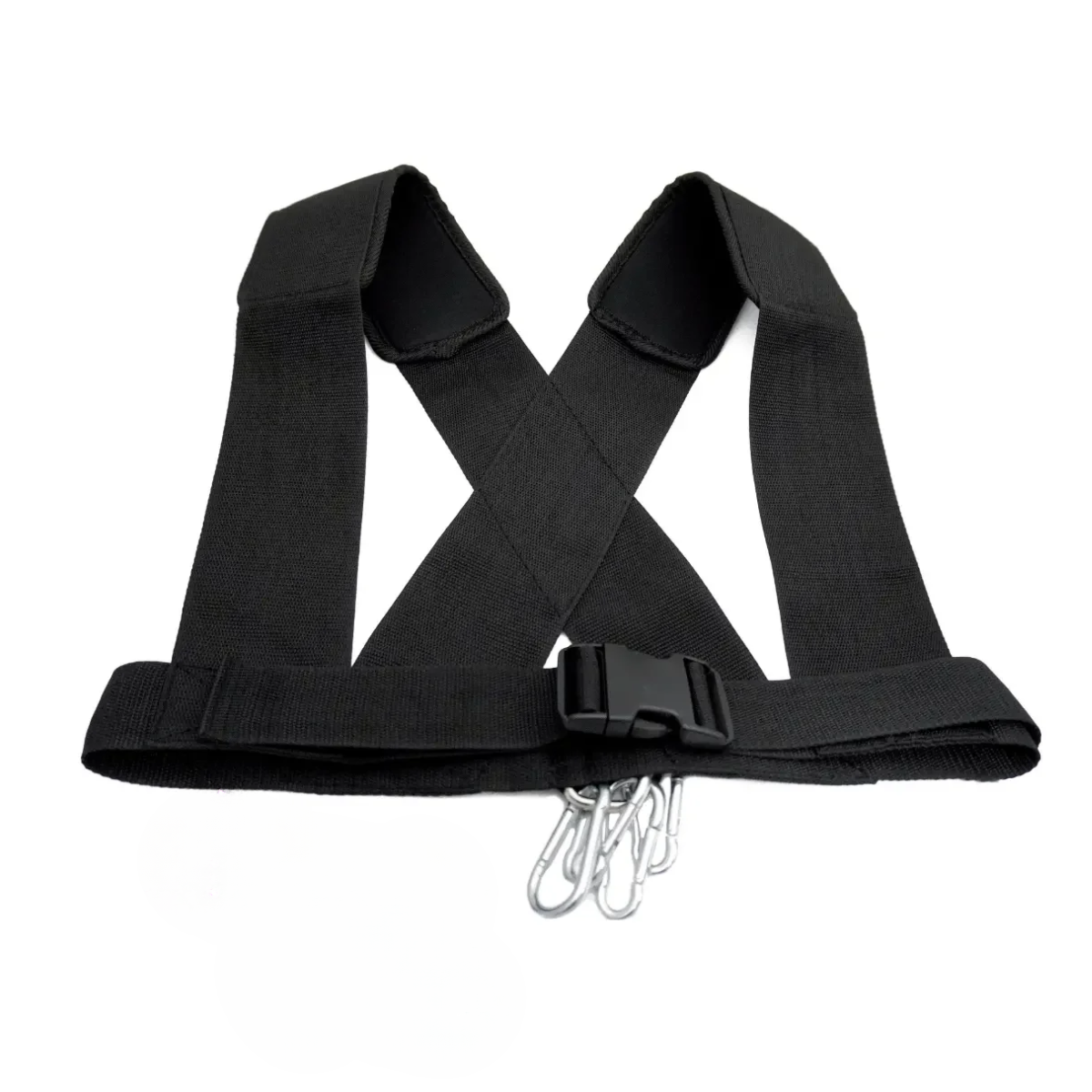 Black weightlifting harness with multiple metal hooks and a plastic buckle on a white background.