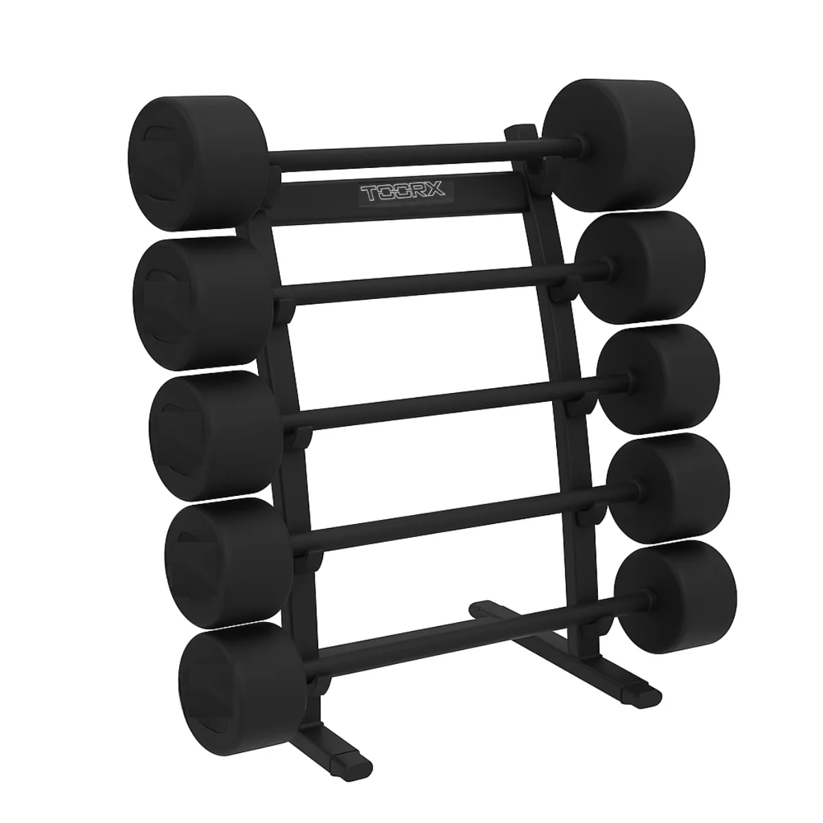 Rack of black dumbbells, arranged vertically in a black frame, white background.
