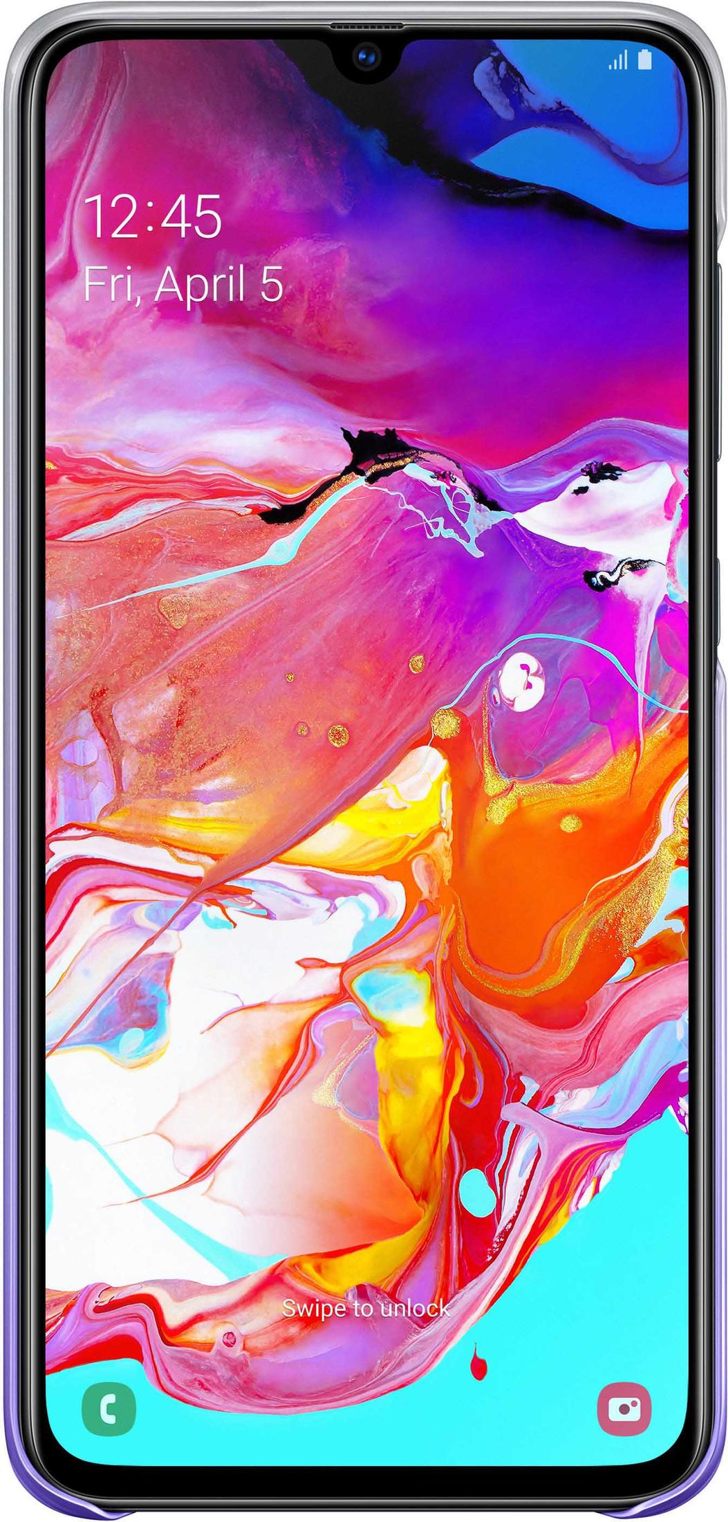 Teléfono con pantalla colorida. Está en una funda transparente. La pantalla muestra la hora. Sobre un fondo blanco.