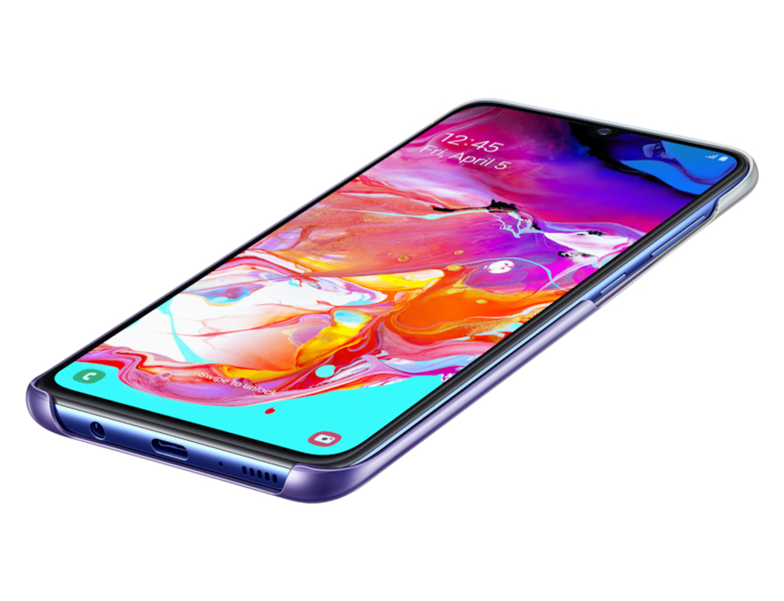 Teléfono azul en ángulo. La pantalla muestra una interfaz. Tiene una funda transparente. Sobre un fondo blanco.