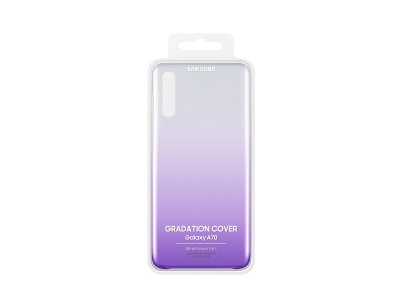 Funda degradada púrpura en un paquete. Dice Galaxy A70. Ultra-delgada y ligera. Sobre un fondo blanco.