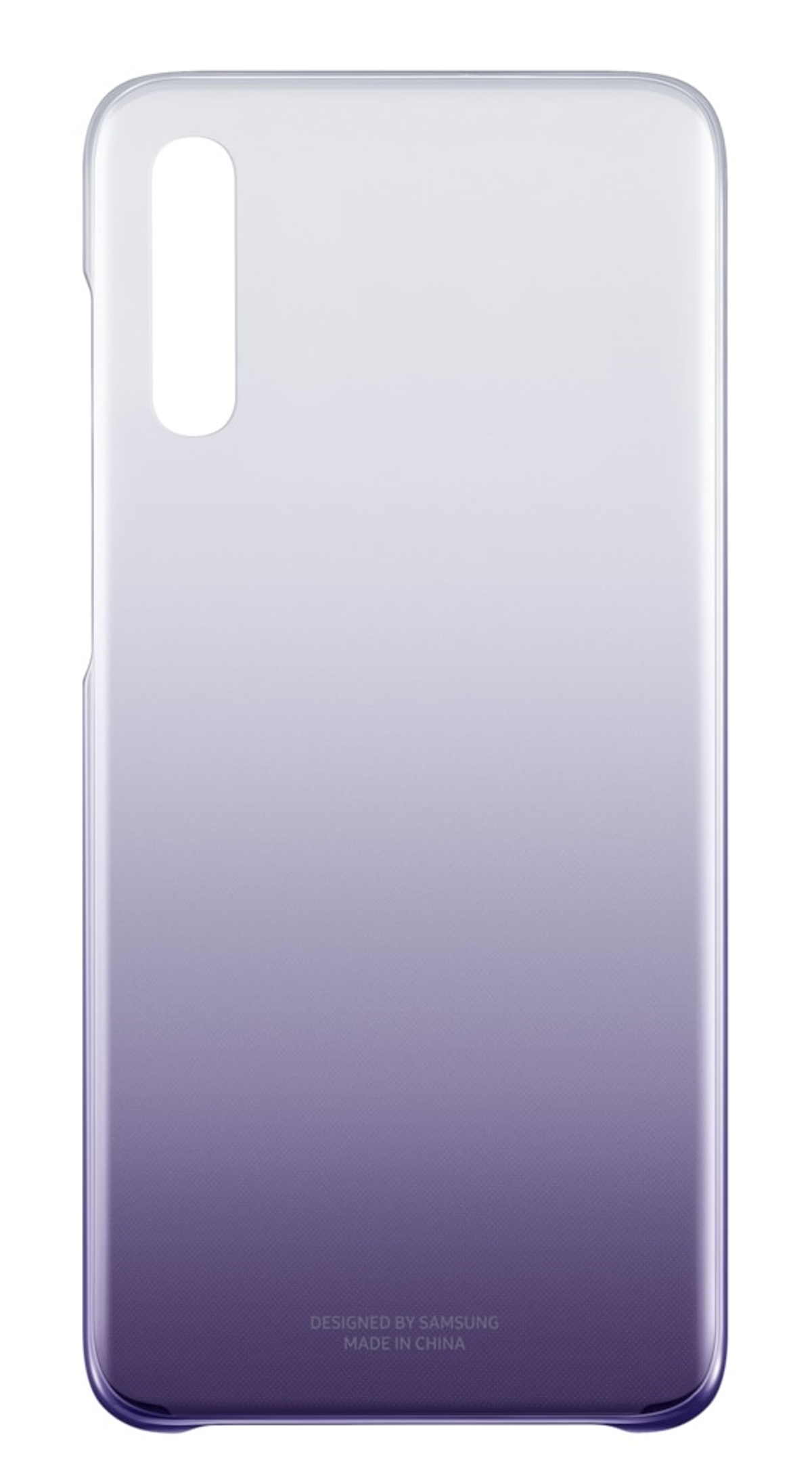 Funda morada degradada para teléfono Samsung. Tiene una funda transparente. Diseñado por Samsung. Sobre un fondo blanco.